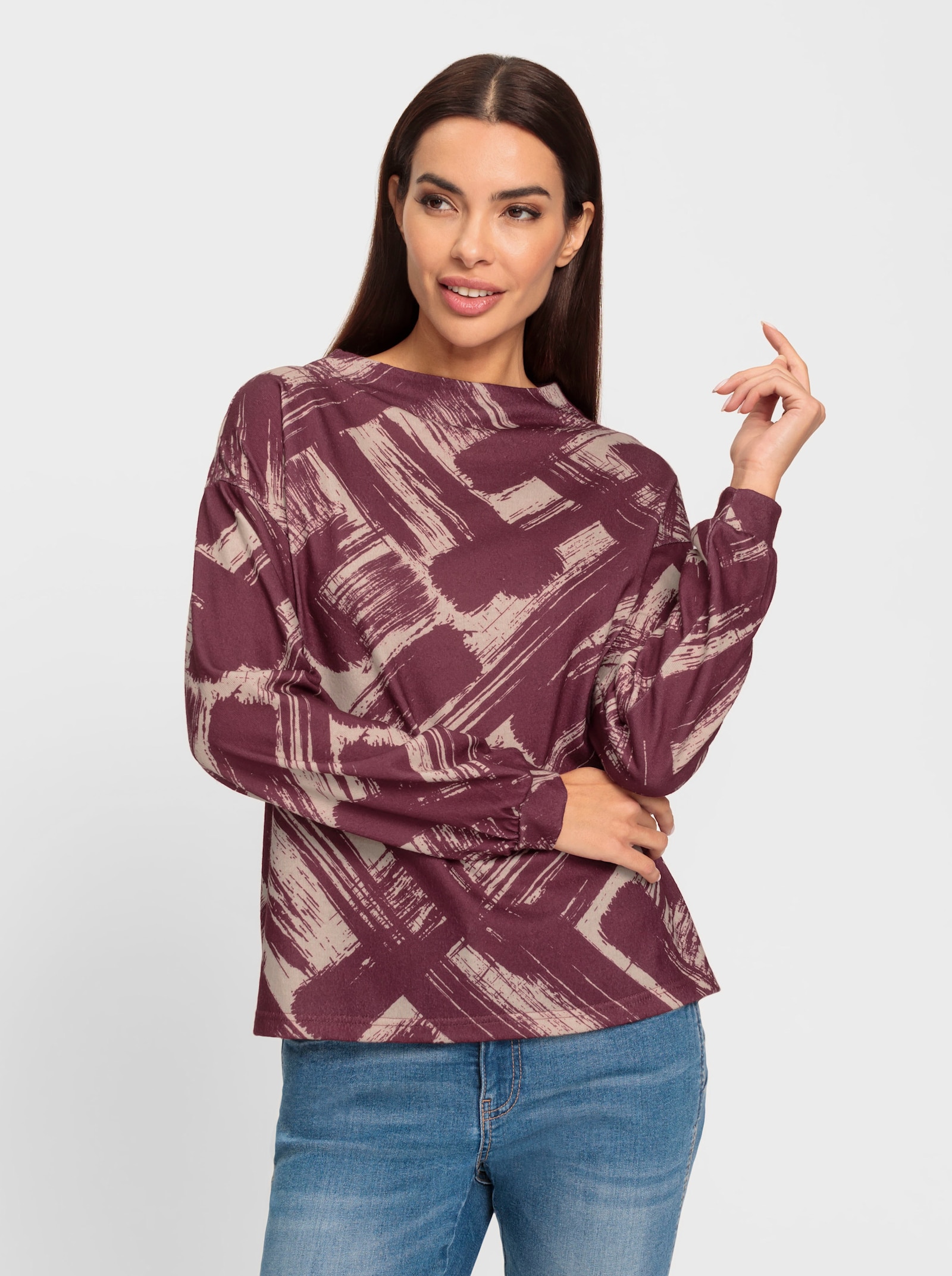 heine Langarmshirt mit Kelchkragen - bordeaux-sand-bedruckt