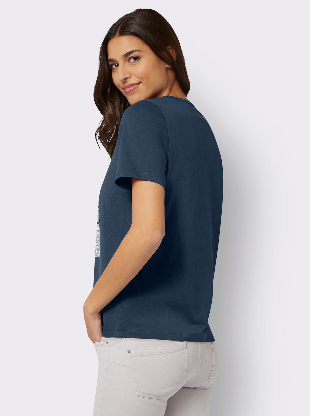 Shirt met ronde hals - donkerblauw-wit