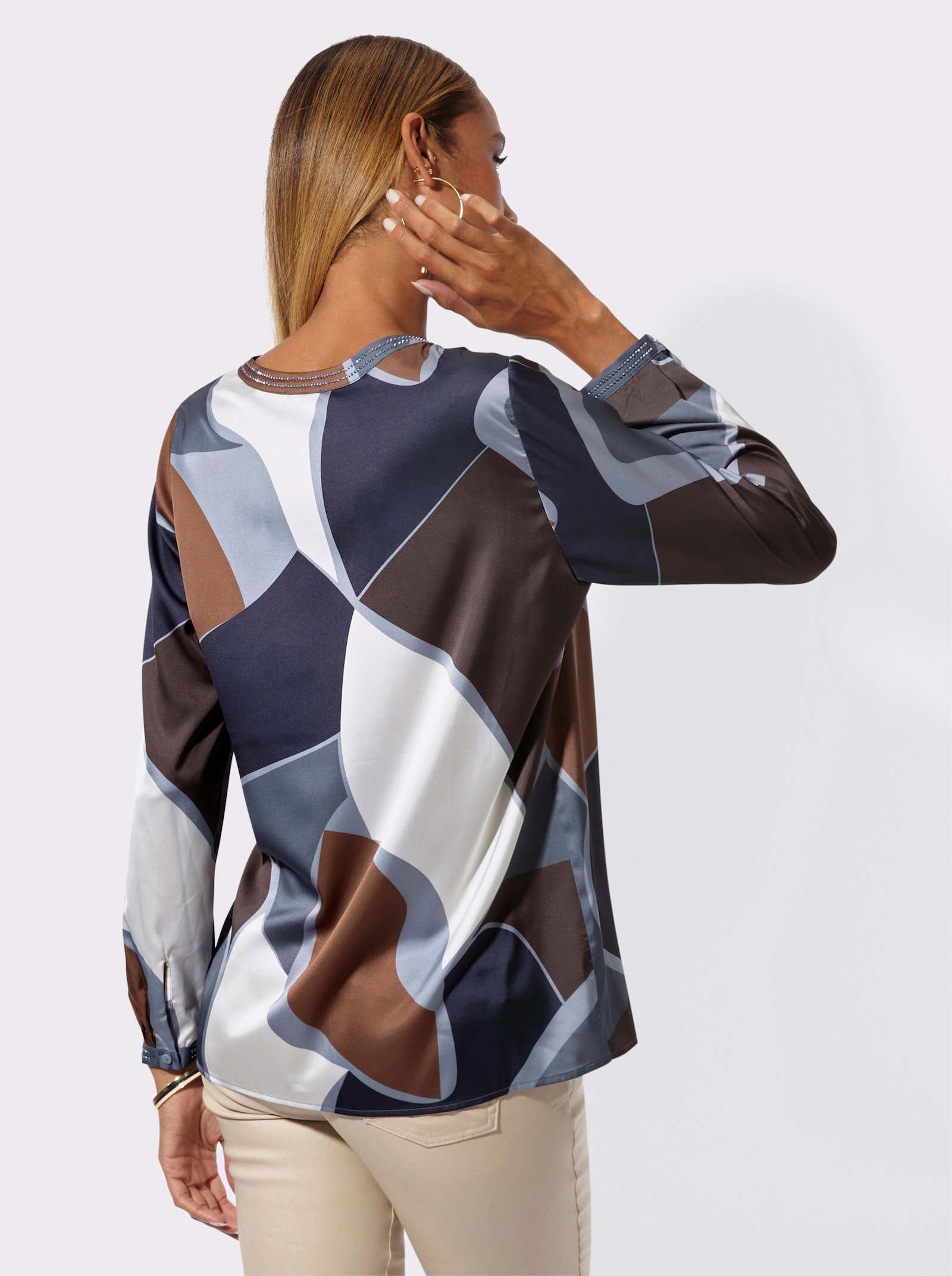 Langarm-Bluse in Satin-Qualität - rauchblau-champagner-bedruckt