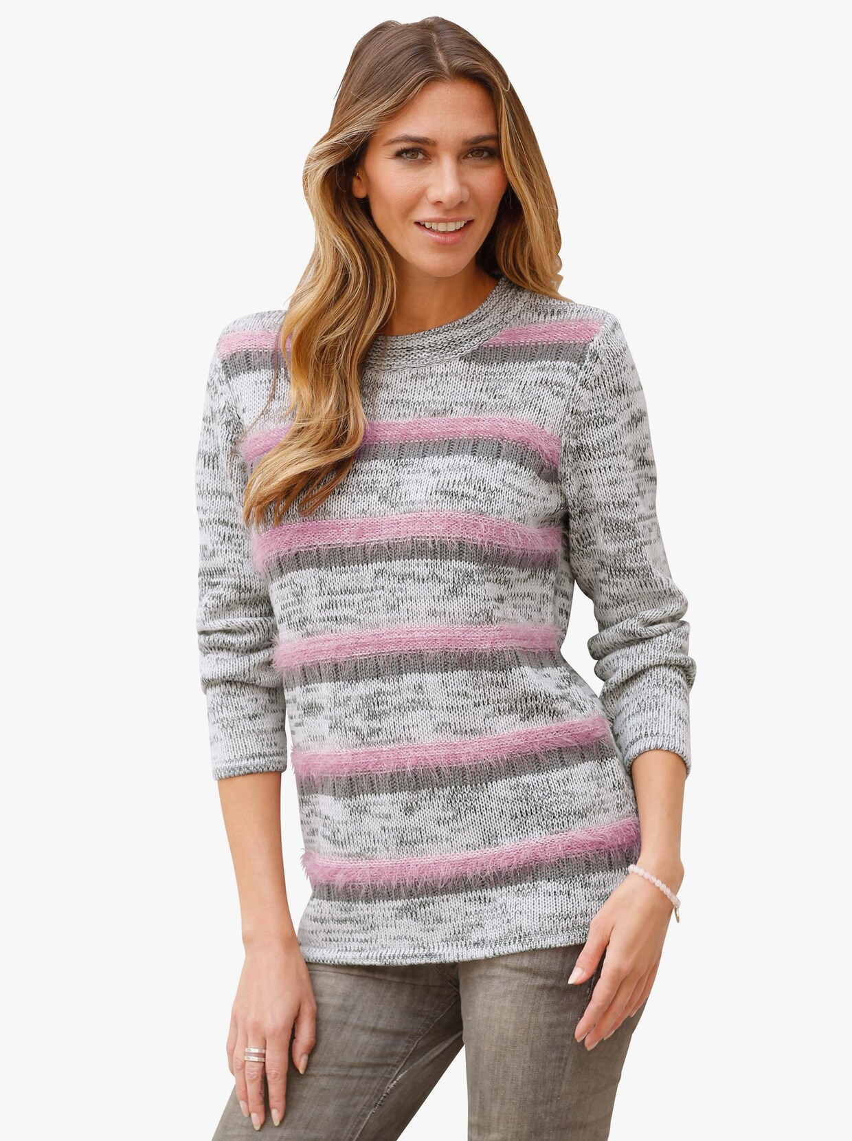 Proužkovaný svetr - šedá-růžová