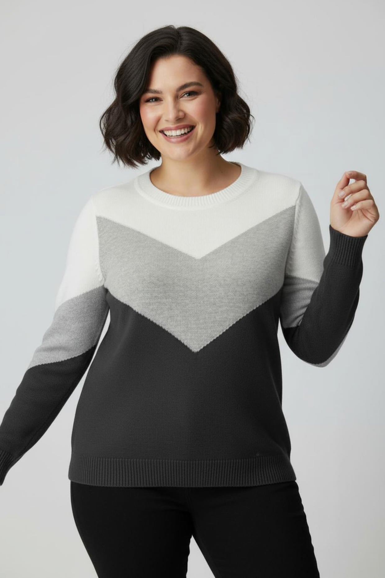 Rundhalspullover mit Colour-Blocking - schwarz-hellgrau-meliert