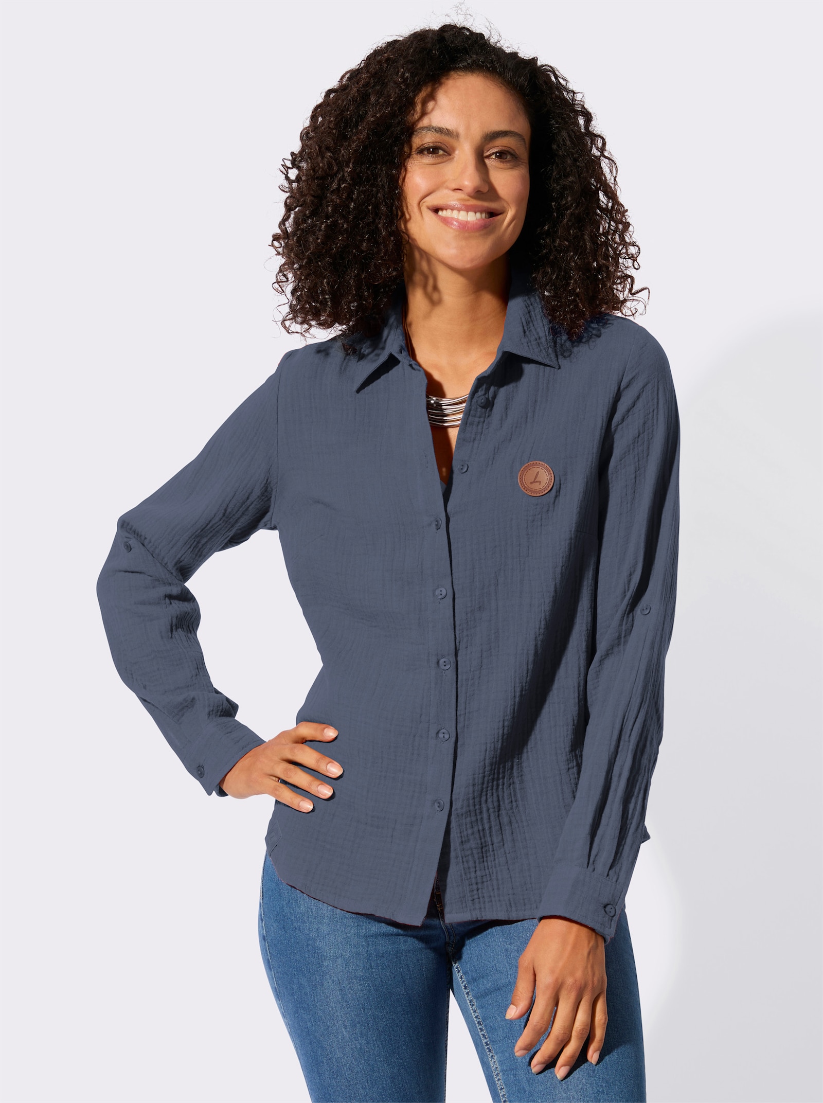 Baumwollbluse mit krempelbaren Ärmeln - rauchblau