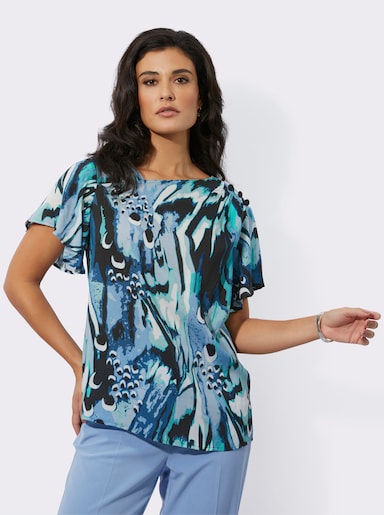 Druckbluse reine, weiche Modal-Qualität - himmelblau-schwarz-bedruckt