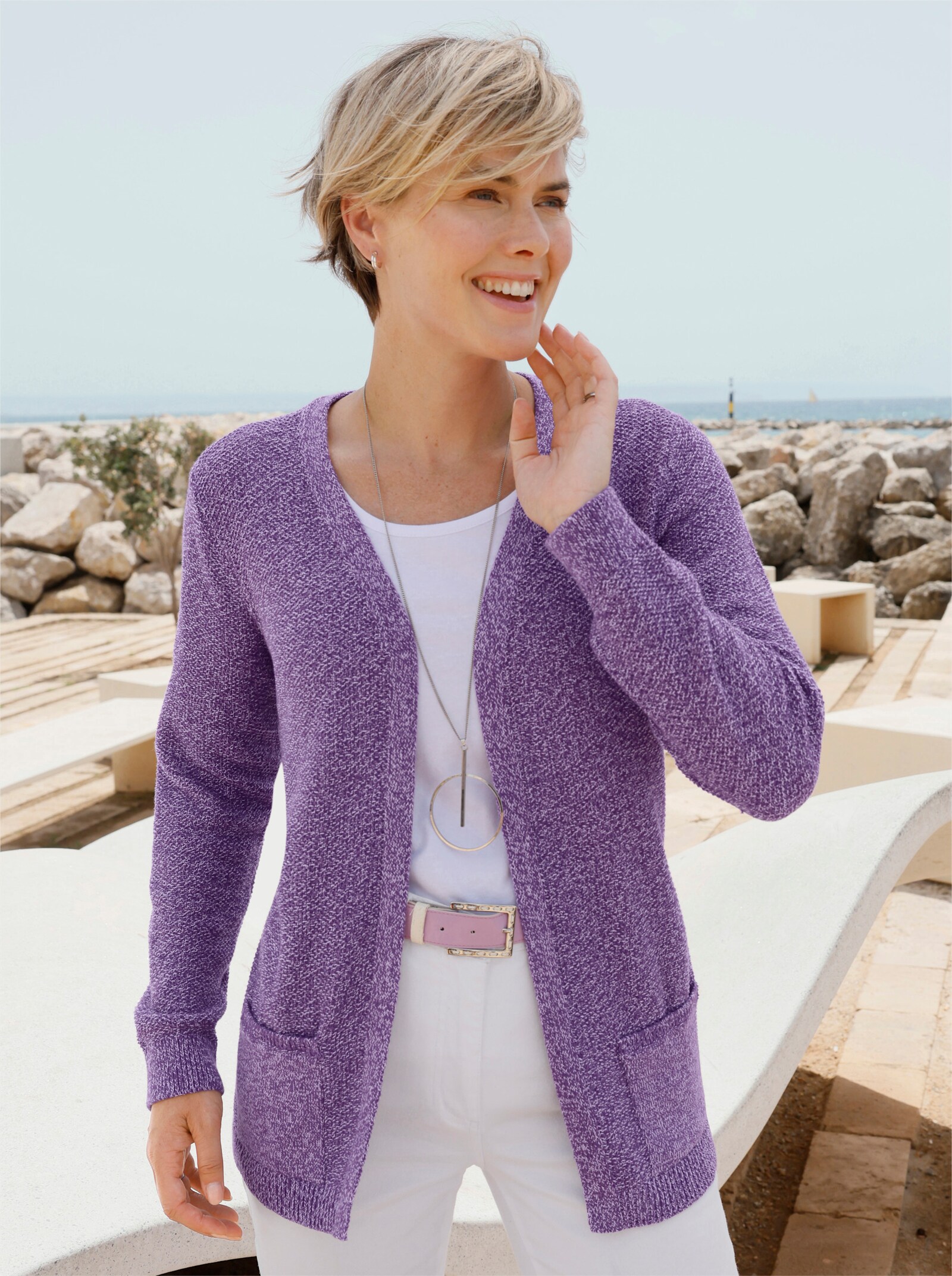Strickjacke in verschlussloser Form - lila-ecru-meliert