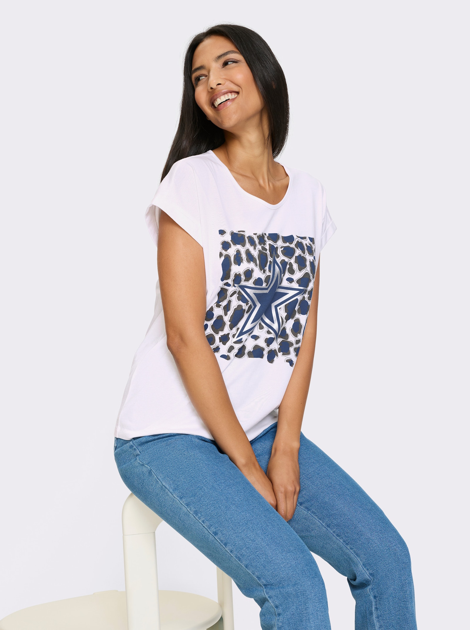 Kurzarmshirt mit Glitzer- und Folien-Print - weiß-jeansblau