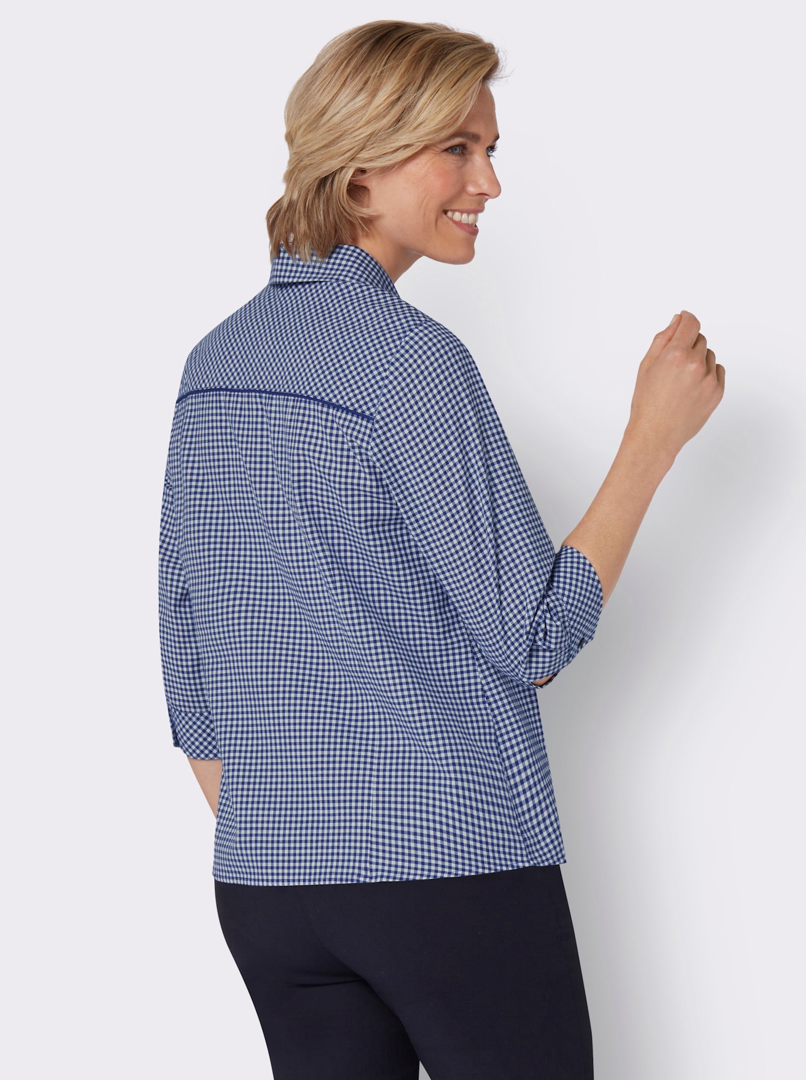 Kostkovaná halenka z čisté bavlny - královská modrá-ecru-kostka