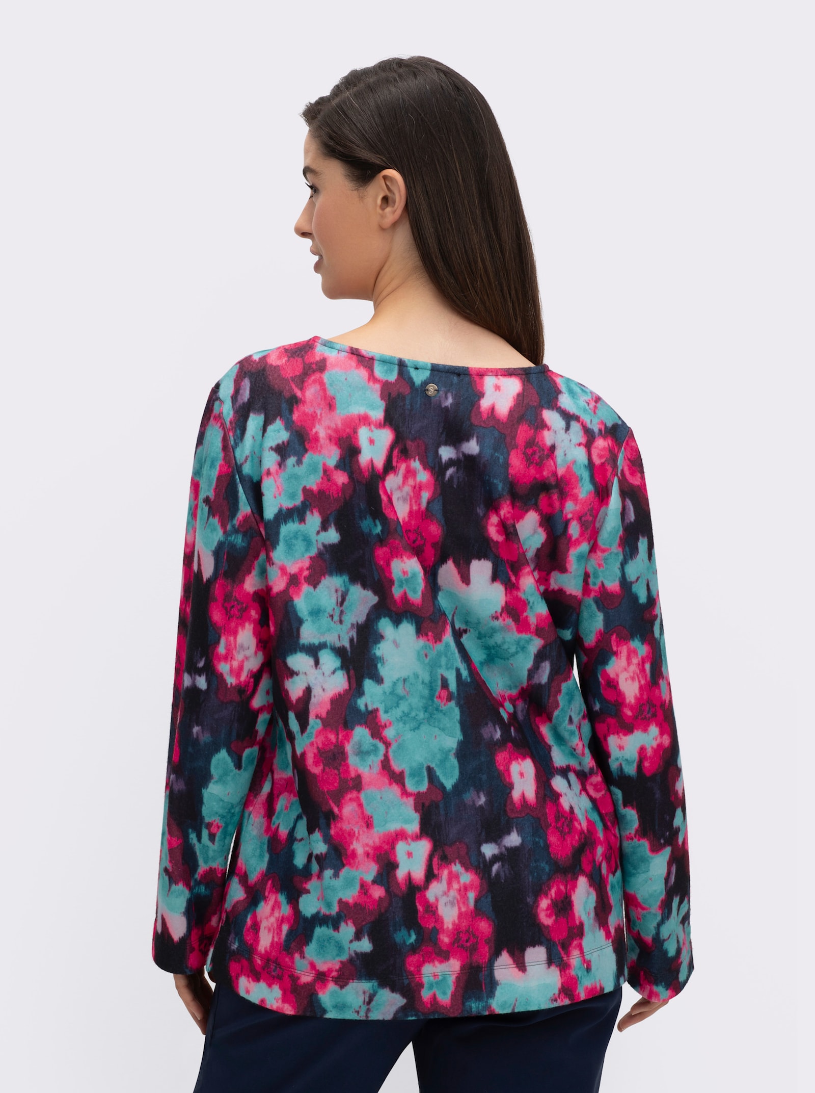 sheego Sweatshirt met bloemenpatroon en zijsplitten - zwart geprint