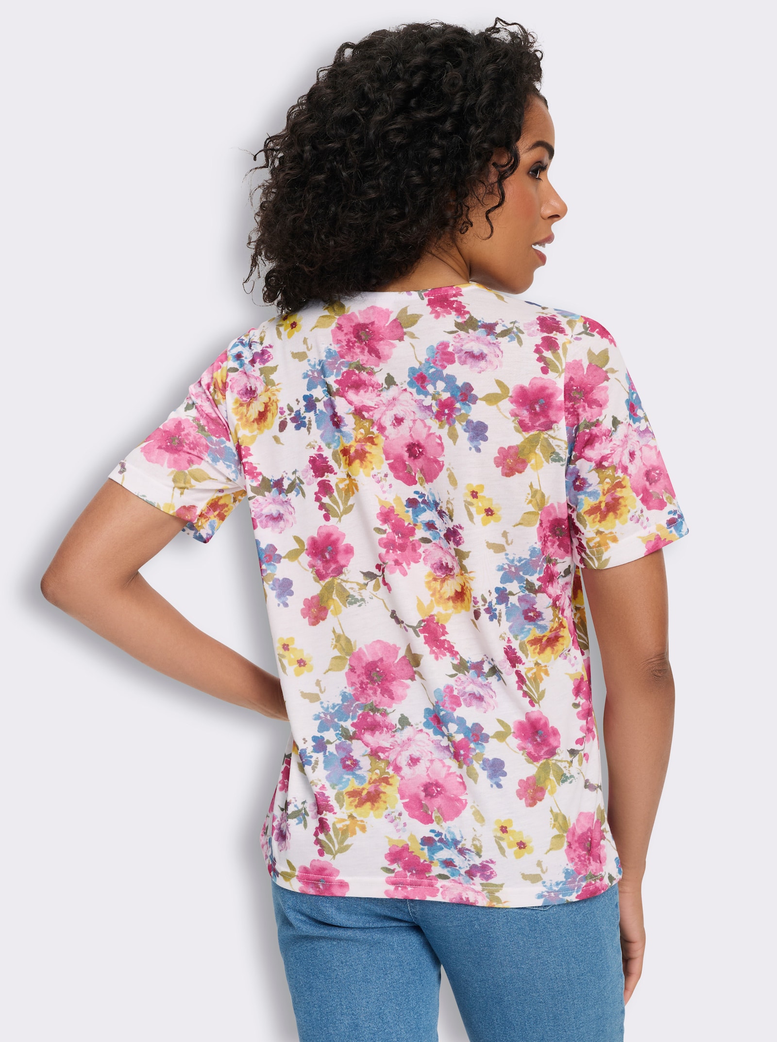 Shirt met ronde hals en bloemetjesprint rondom - wit/fuchsia geprint