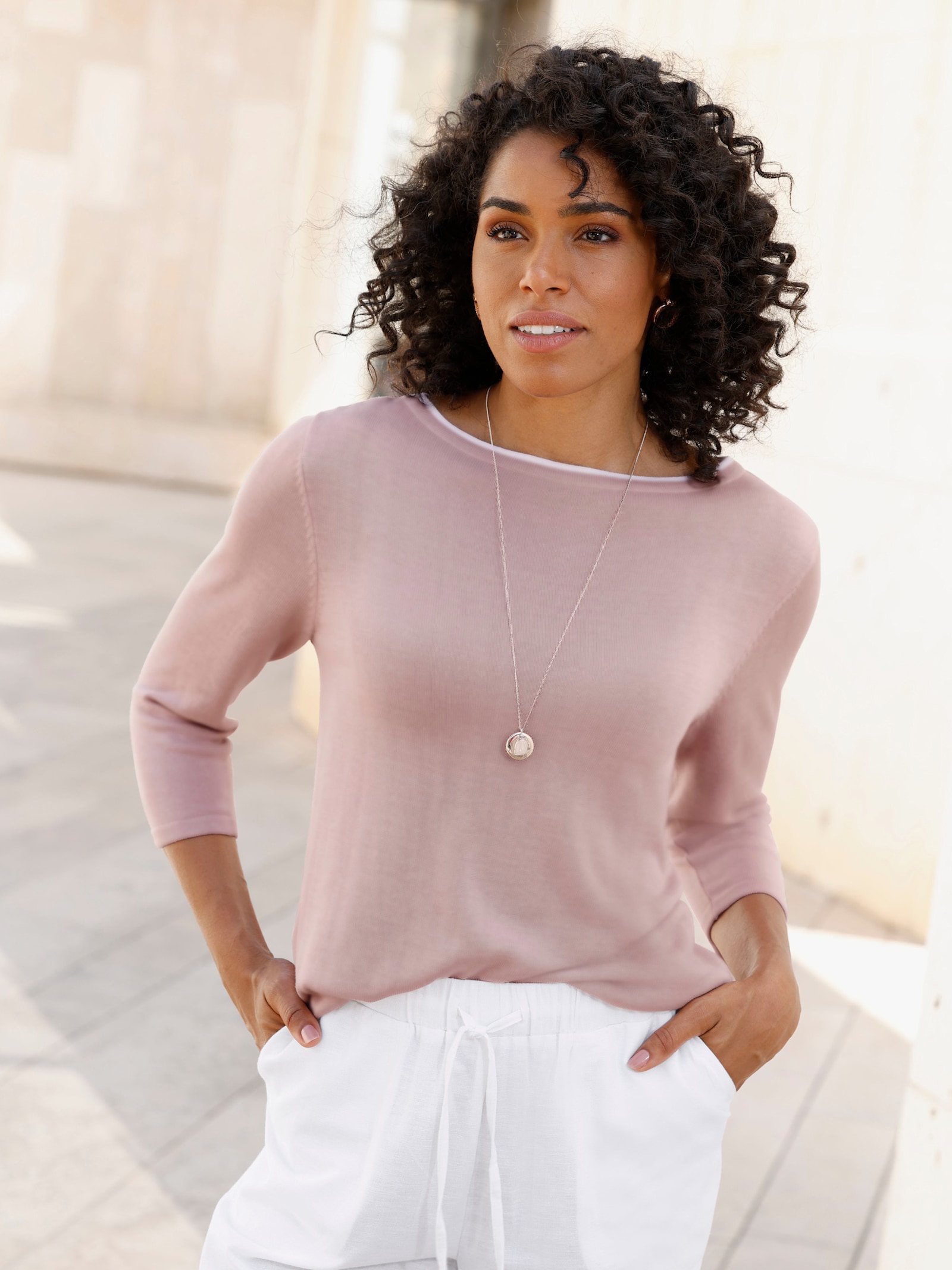 3/4 Arm-Pullover mit U-Boot-Ausschnitt - hortensie-weiß