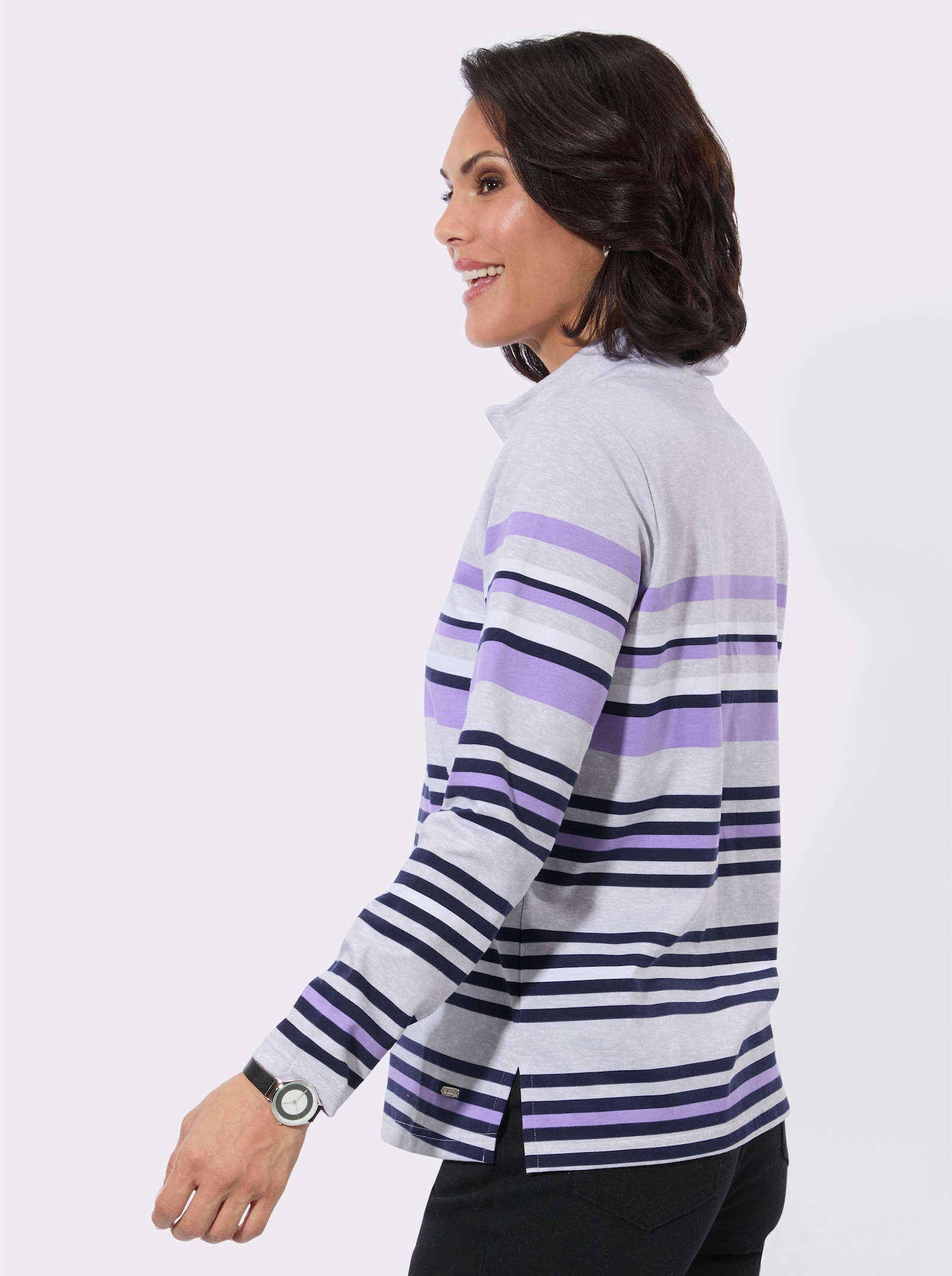 Poloshirt mit platziertem Ringelmuster - hellgrau-lavendel-geringelt