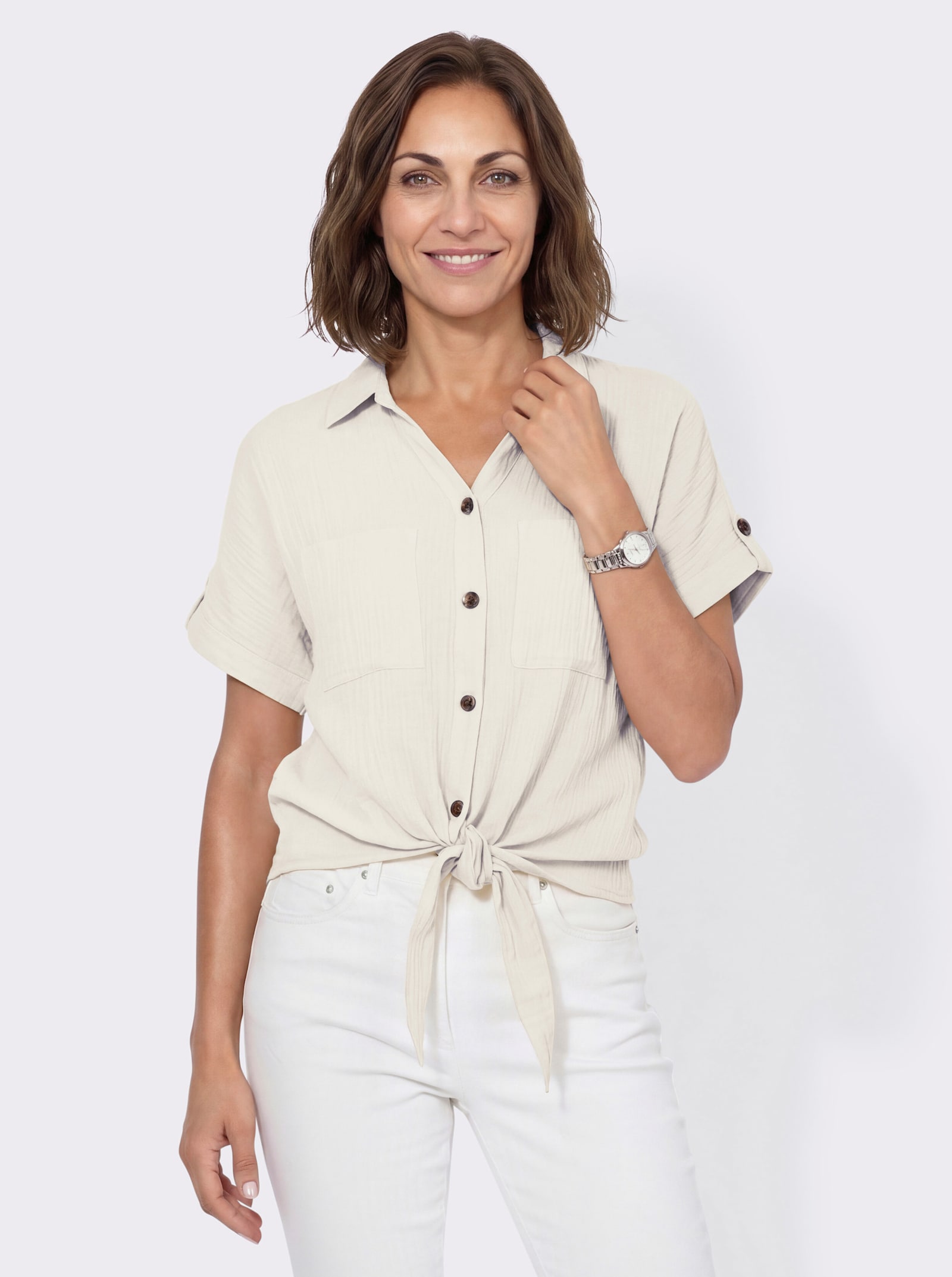 Baumwollbluse mit zipfligem Saum zum Knoten - ecru