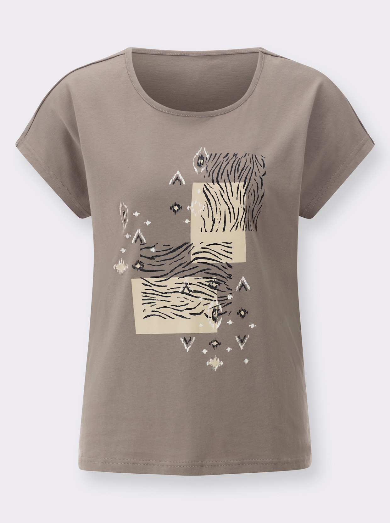 Rundhalsshirt - taupe-schwarz-bedruckt