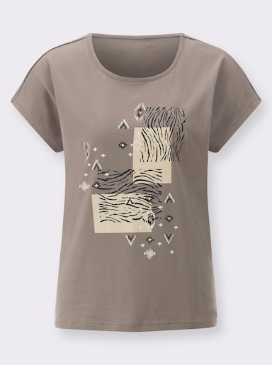 Rundhalsshirt im Ethno-Stil - taupe-schwarz-bedruckt