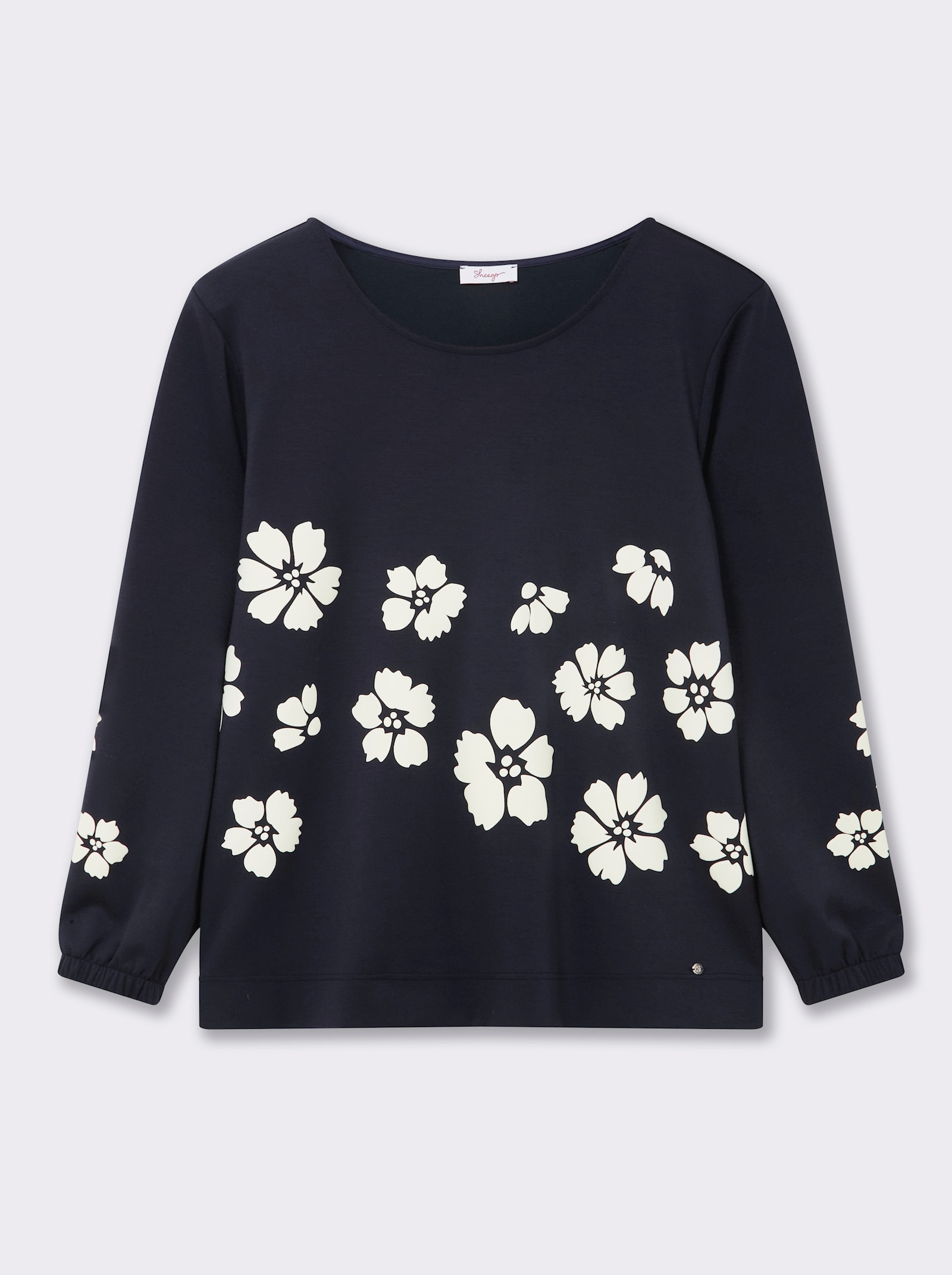 sheego Sweatshirt met rubberen bloemen - diepblauw/champagne bedrukt