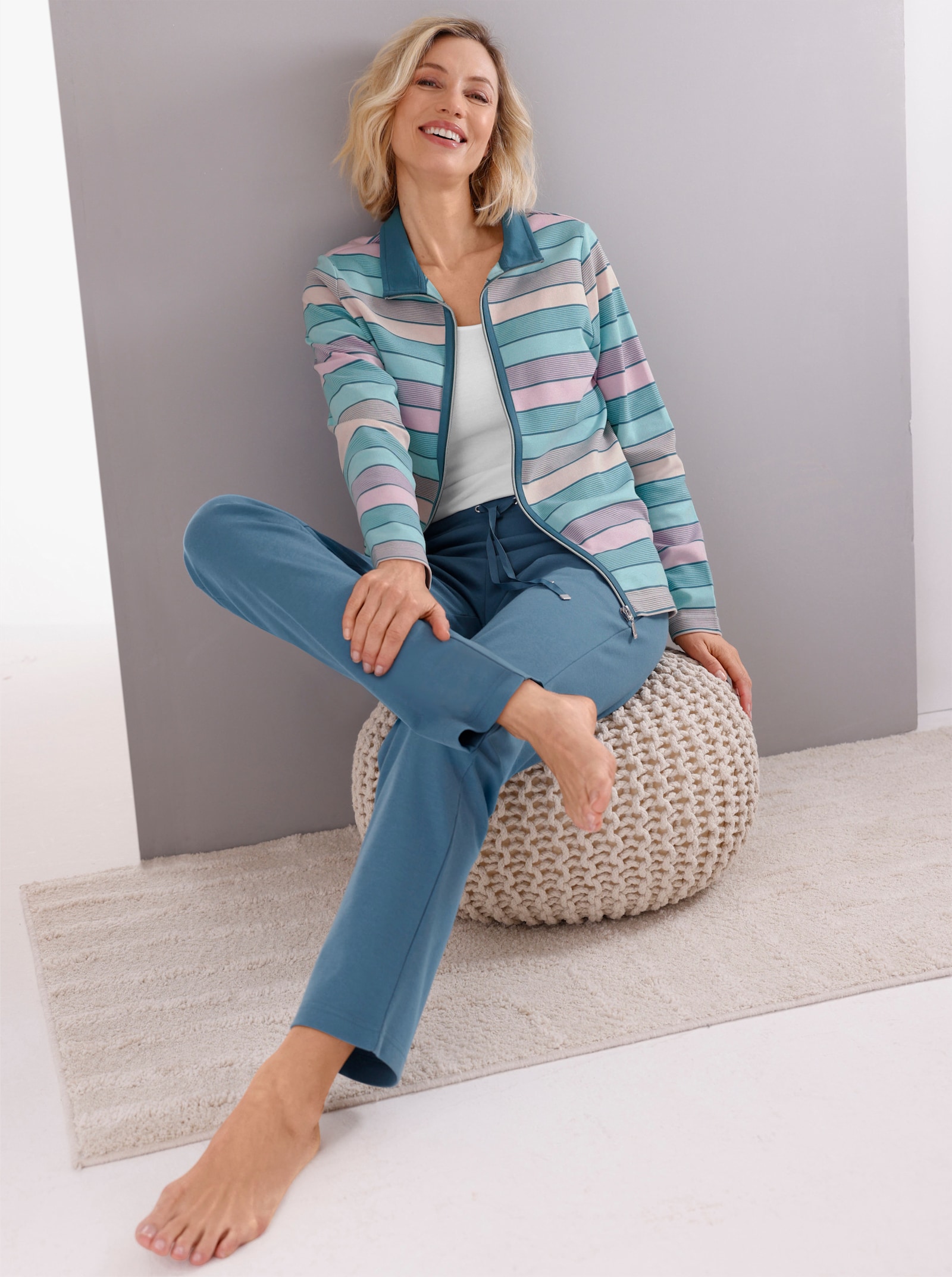 Hajo Hausanzug - petrol-hellrosé-geringelt