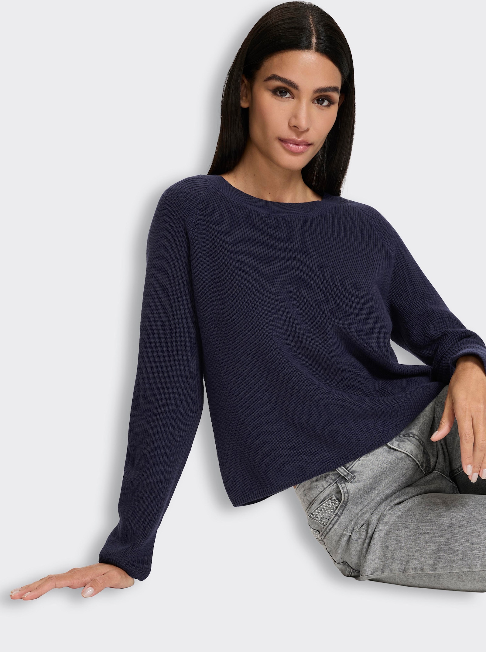 heine Langarm-Pullover mit Perlfang-Strick - marine