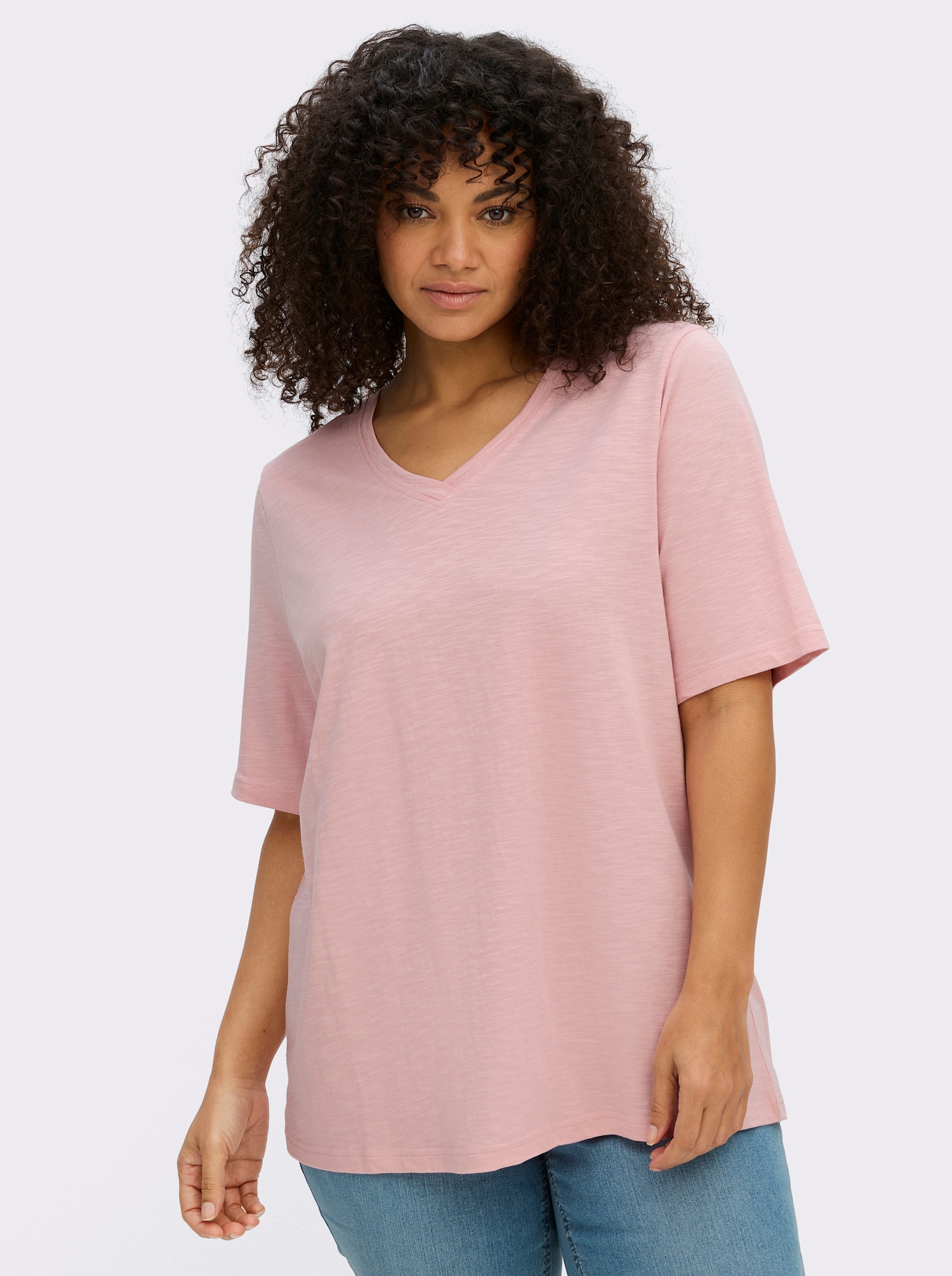 sheego Shirt met V-hals in vlamgarenlook - hortensia