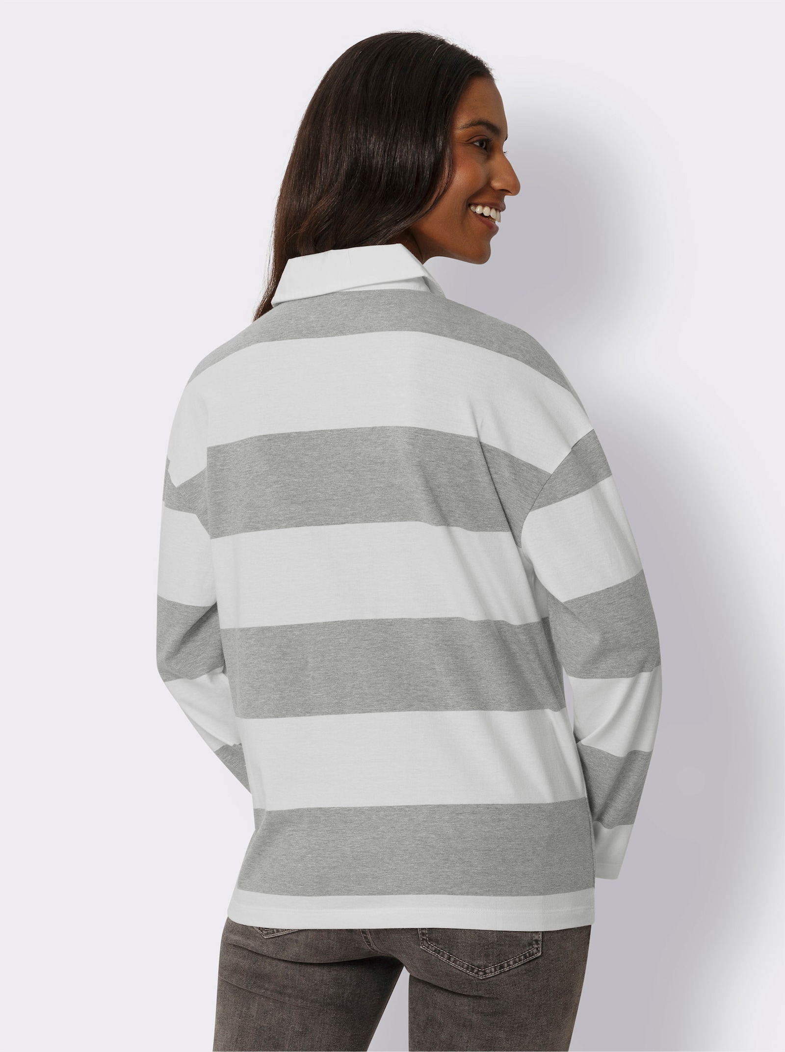 heine Langarm-Poloshirt mit Streifen - grau-ecru-bedruckt