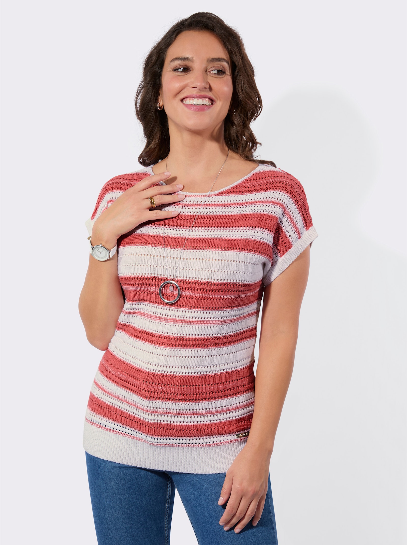 Ajourpullover mit meliertem Ringel-Muster - flamingo