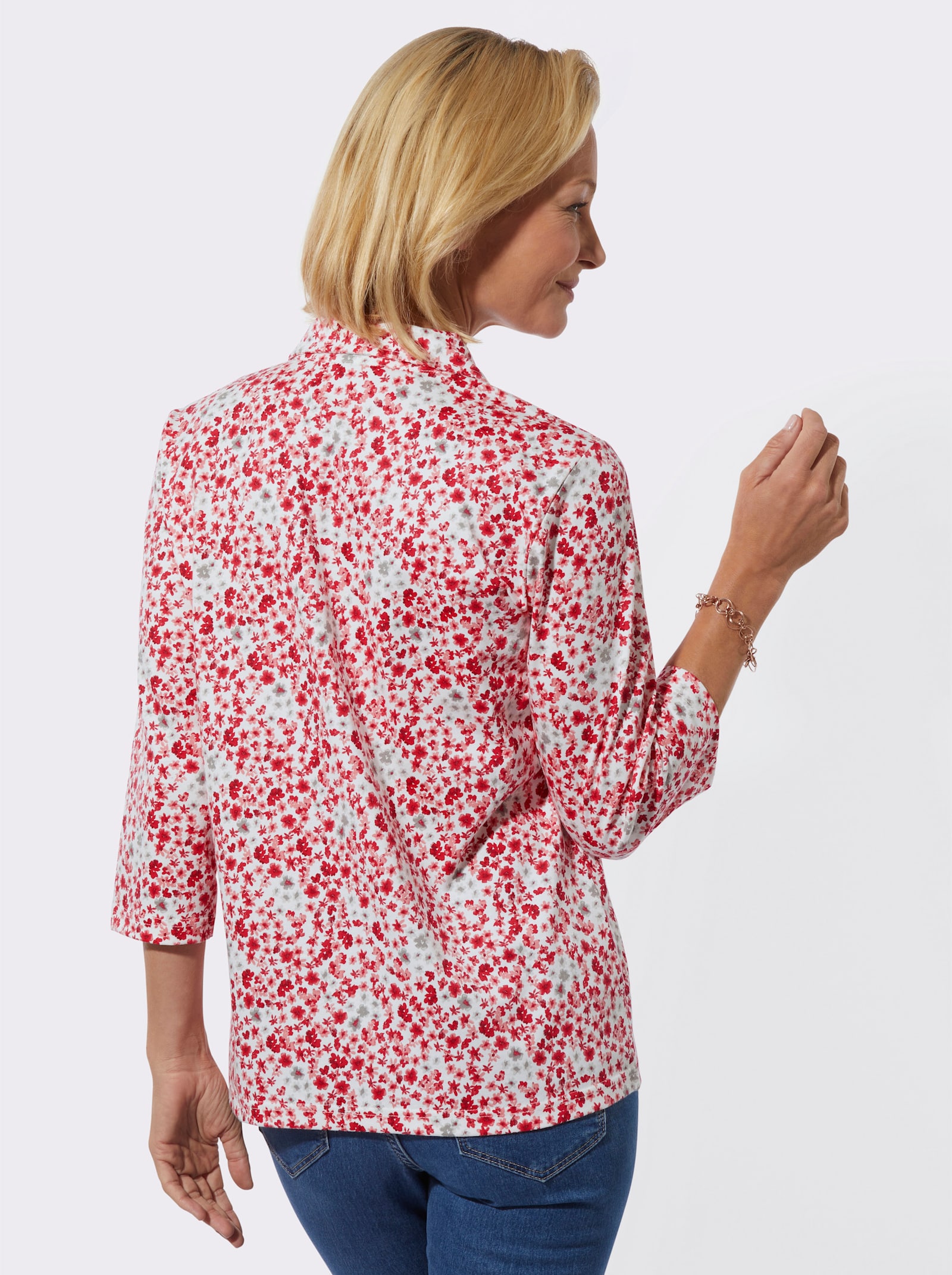 Poloshirt mit Glitzersteinchen - rot-ecru-bedruckt