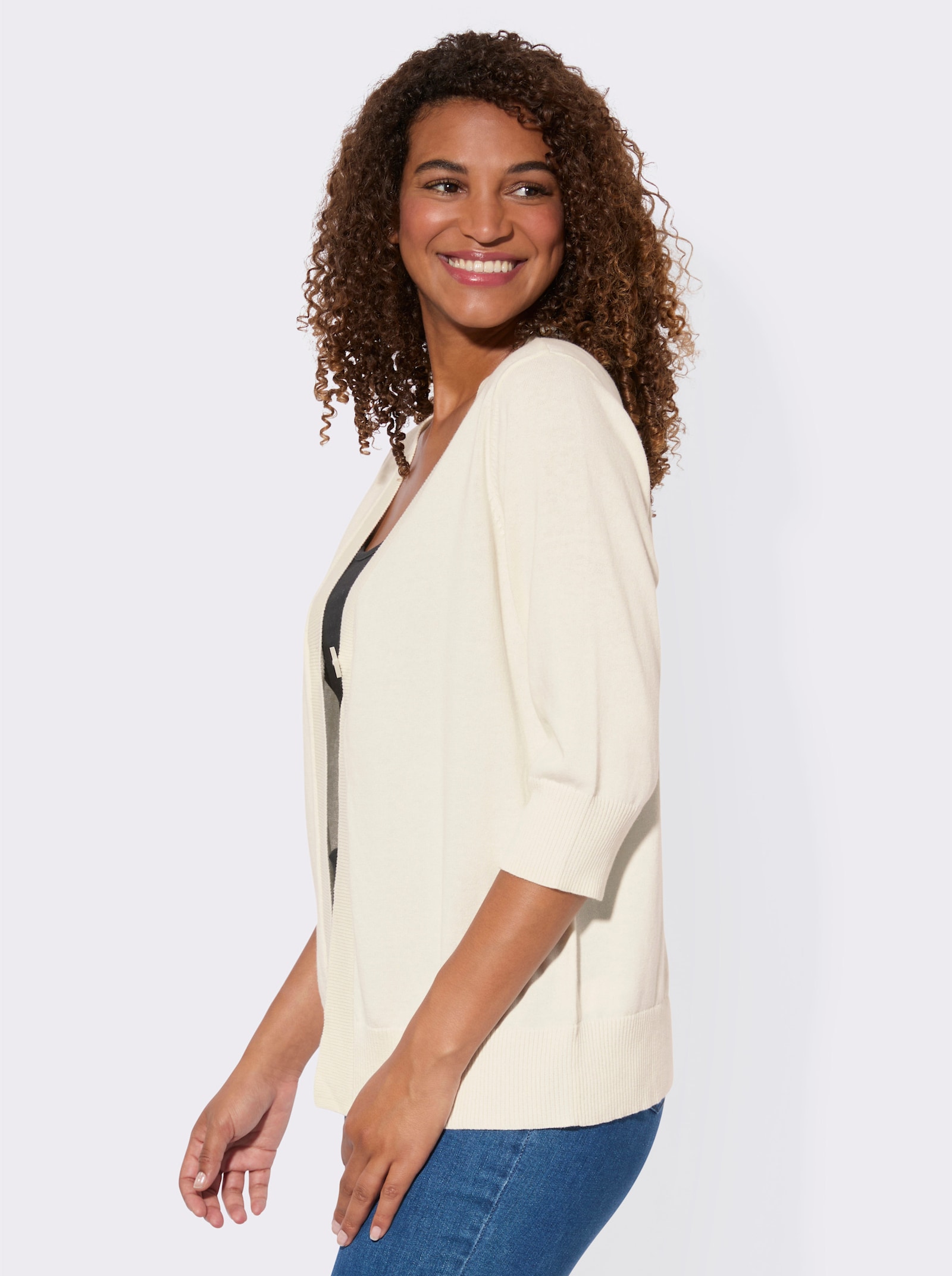 Feinstrickjacke mit gerippten Abschlüssen - ecru