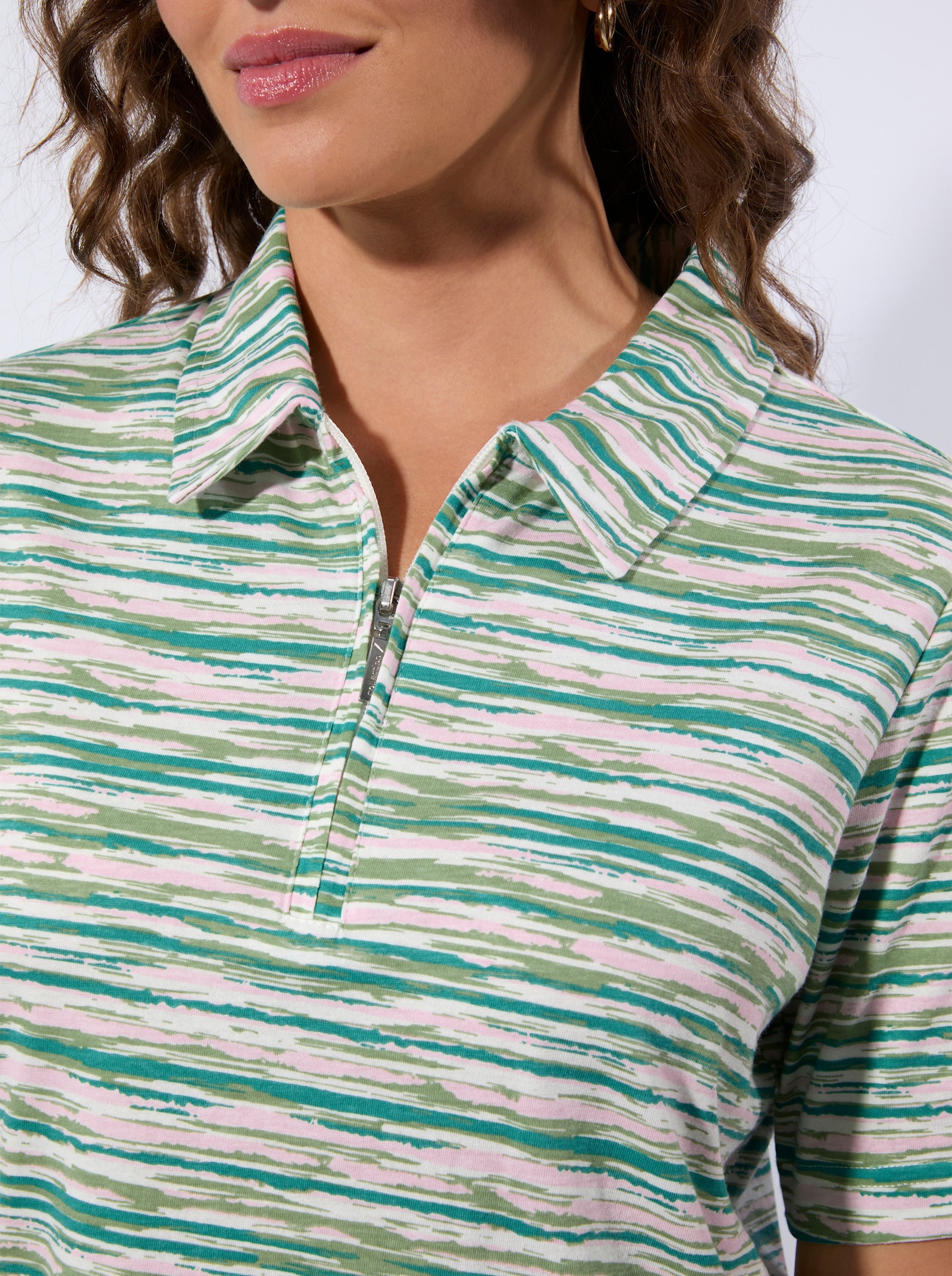 Poloshirt mit Nylon-Reissverschluss - eucalyptus-hellrosé-bedruckt