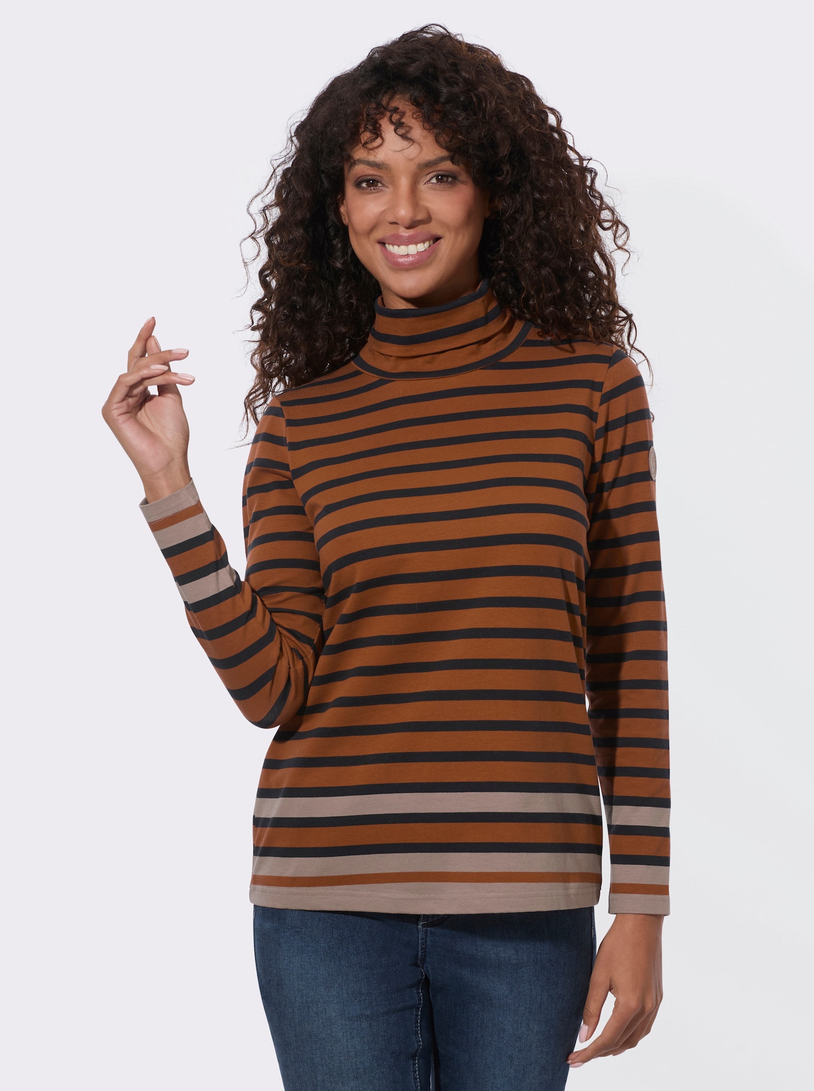Ringelshirt mit Rollkragen - cognac-schwarz-geringelt