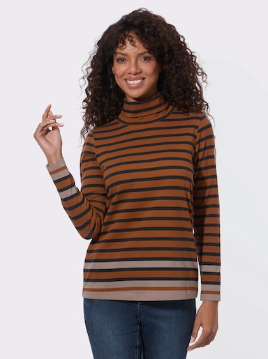 Ringelshirt mit Rollkragen - cognac-schwarz-geringelt