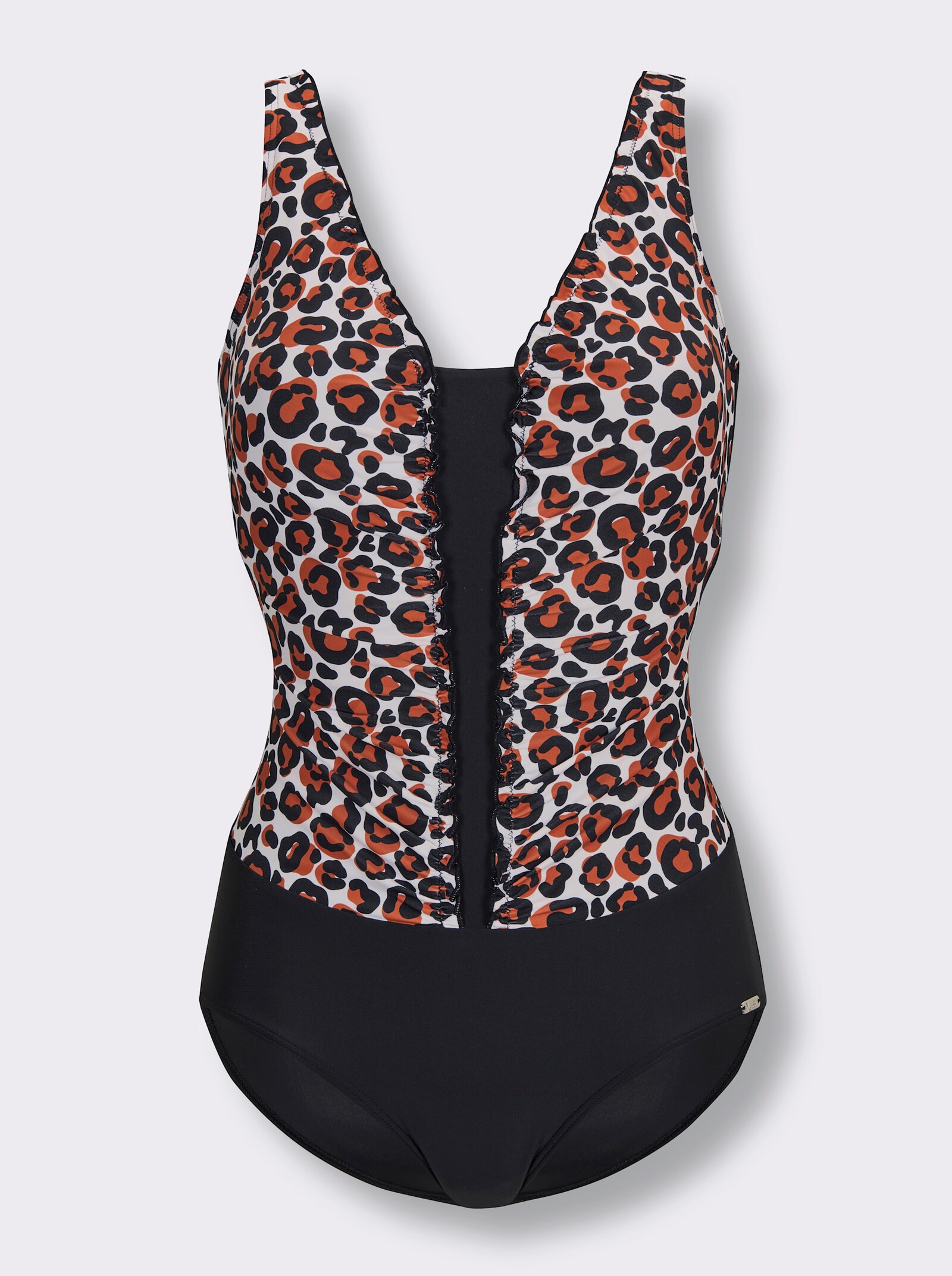 feel good Badeanzug mit Rüschen - schwarz-weiß-terra-bedruckt