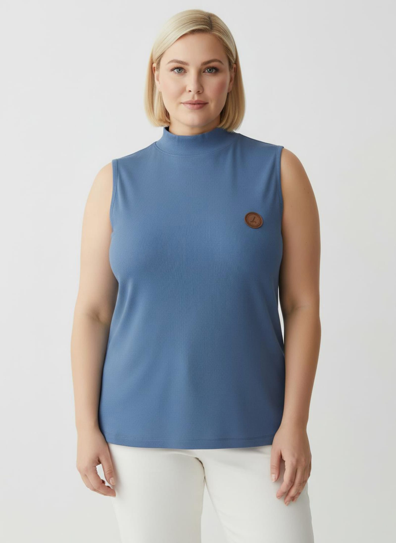 Shirttop mit Stehkragen, pflegeleicht - mittelblau