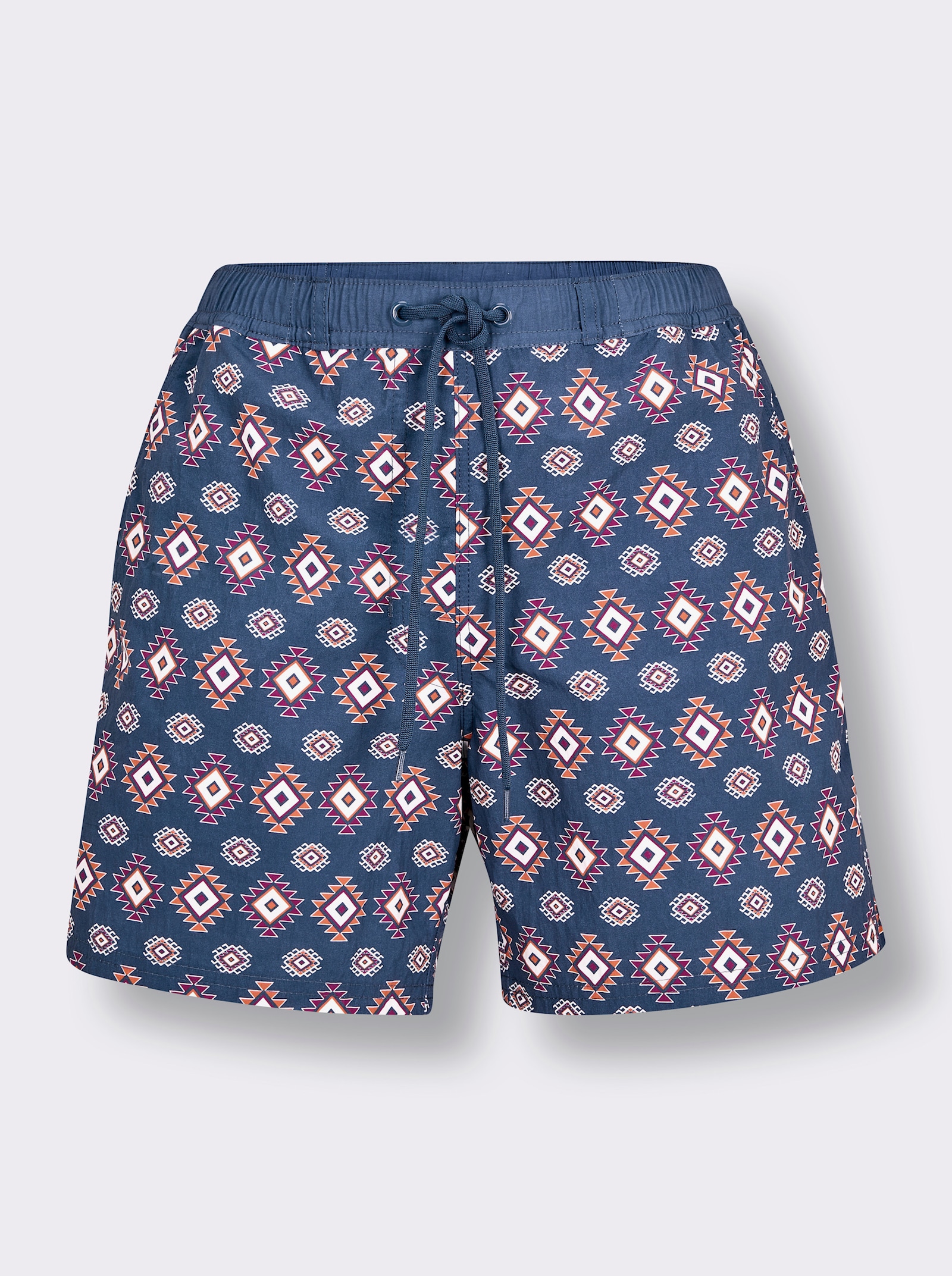 Badeshorts - jeansblau-orange-bedruckt