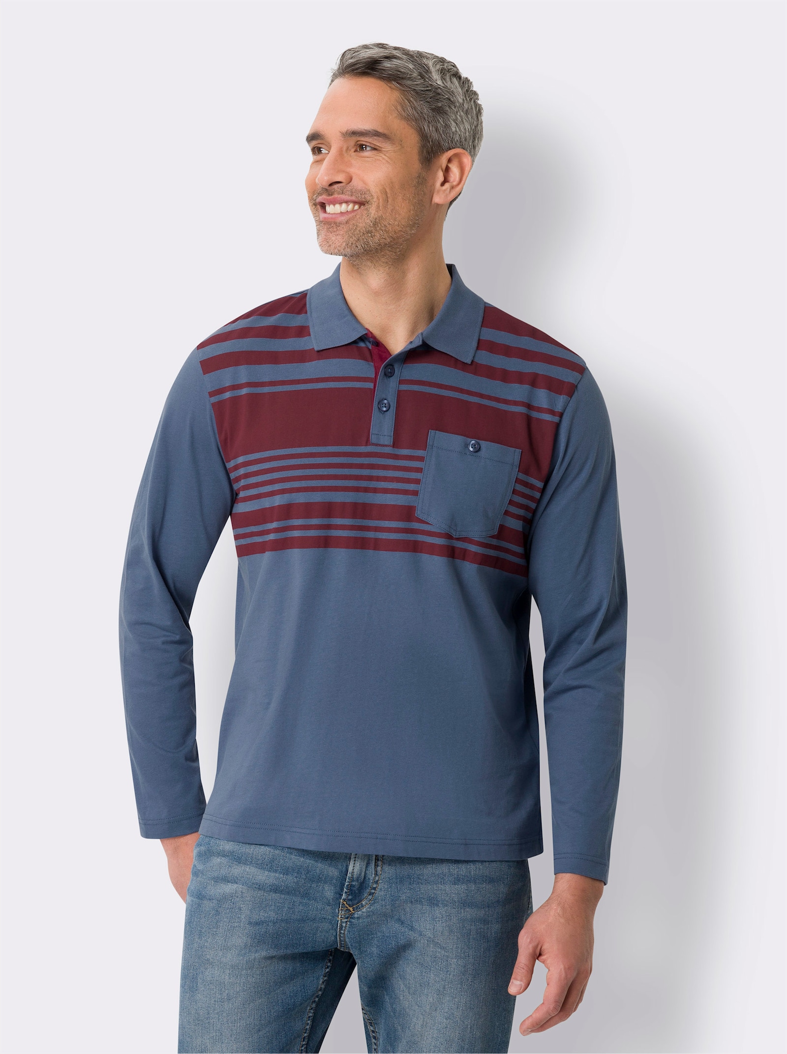 Poloshirt met lange mouwen en streepprint voor - jeansblauw/donkerrood