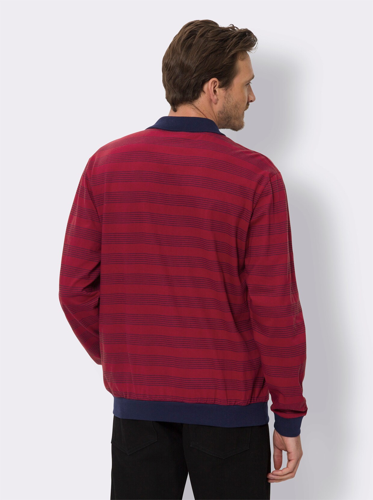 Poloshirt met lange mouwen - kersenrood/marine gestreept