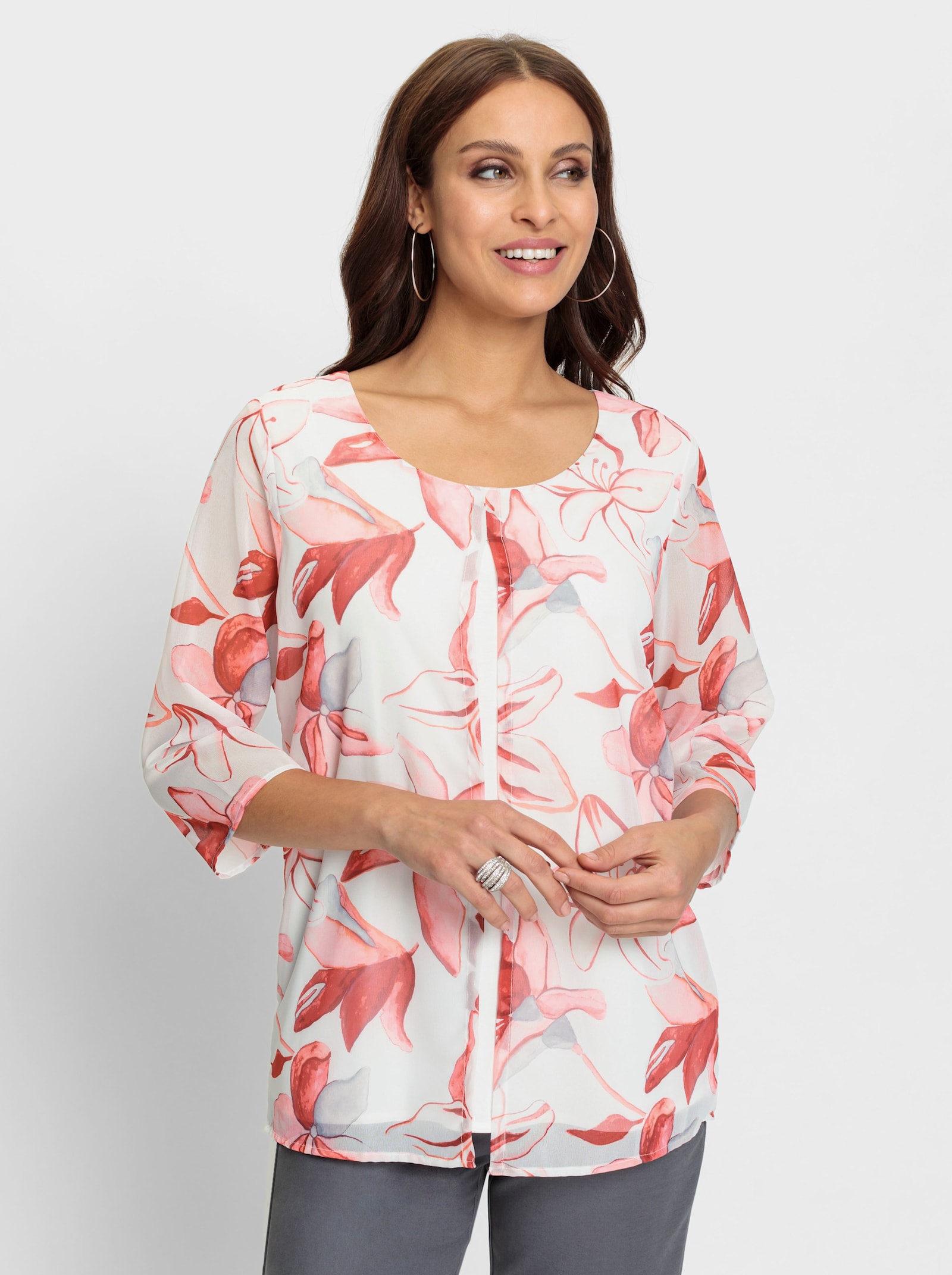 Georgettebluse in 2-in-1-Optik - ecru-rot-bedruckt