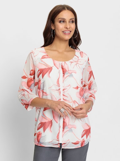 Georgettebluse in 2-in-1-Optik - ecru-rot-bedruckt