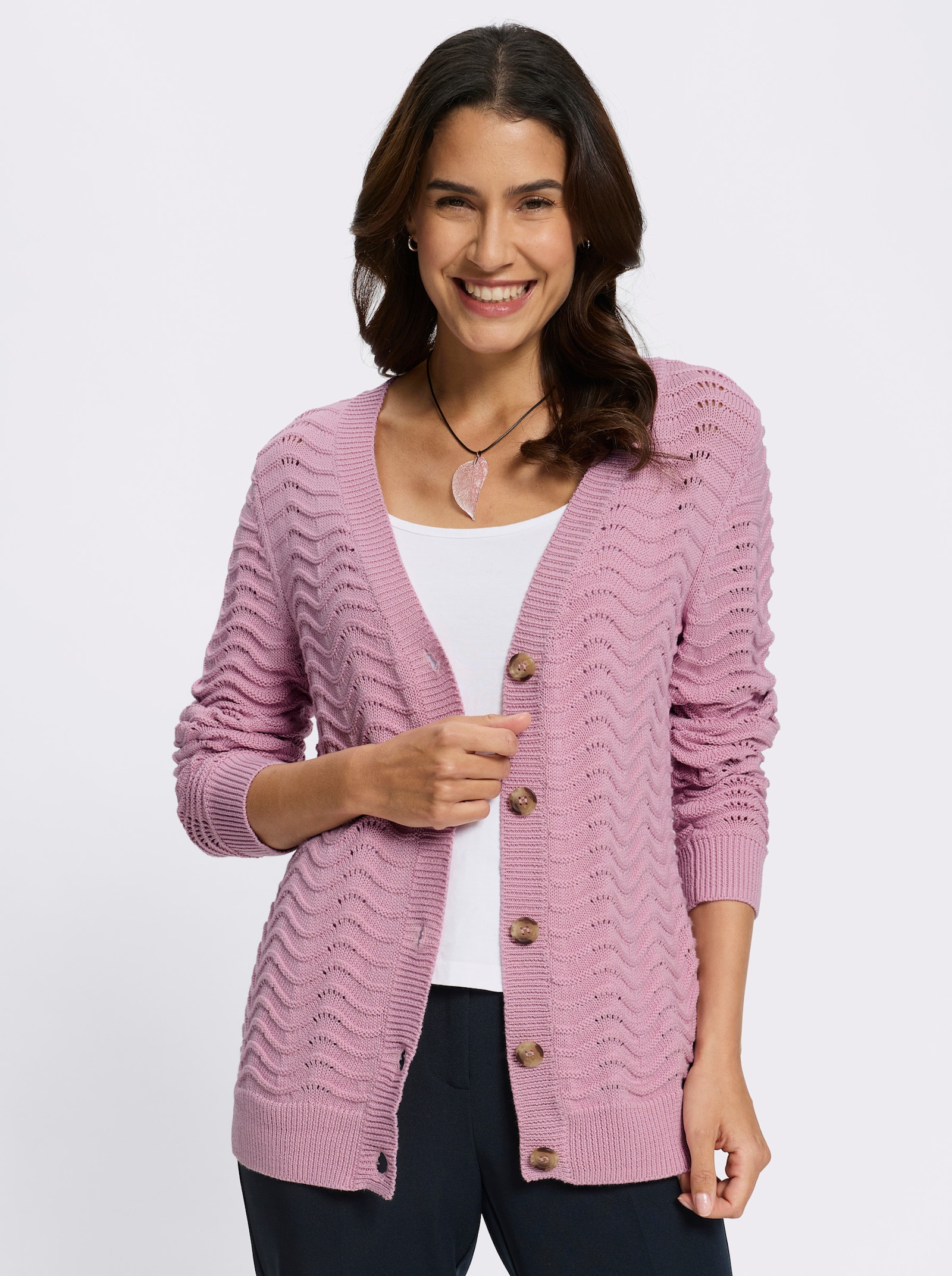 Strickjacke mit wellenförmigem Ajourmuster - rosé
