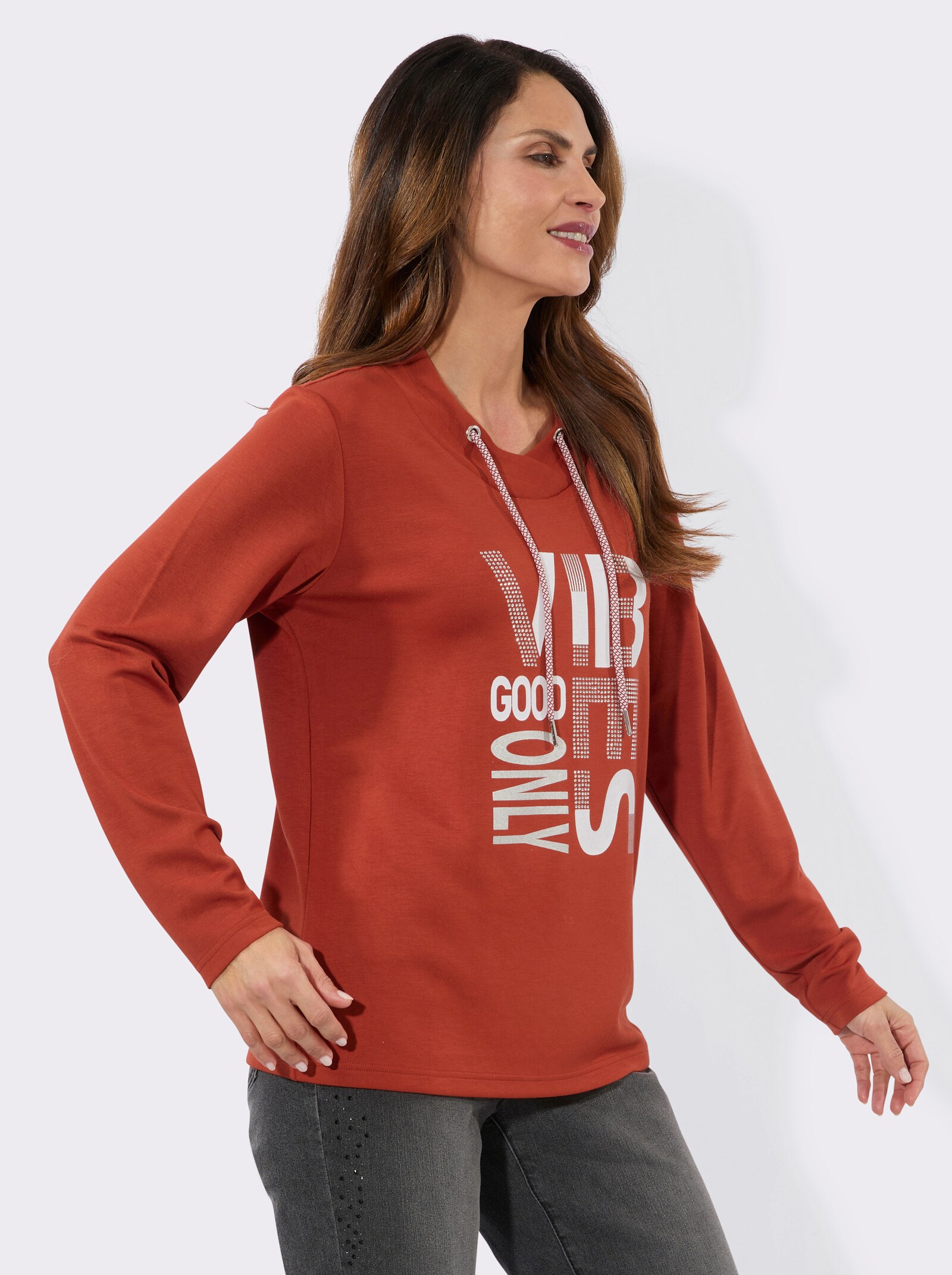 Langarmshirt mit silberfarbigem Print - rostrot