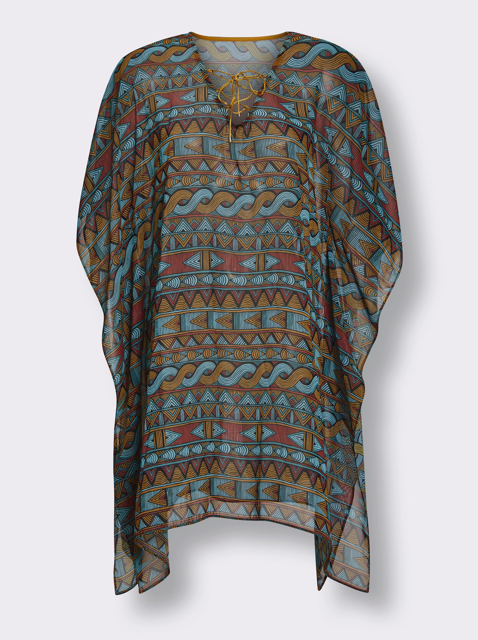 feel good Strandtunika mit Bindebändern - aquamarin-terra-bedruckt