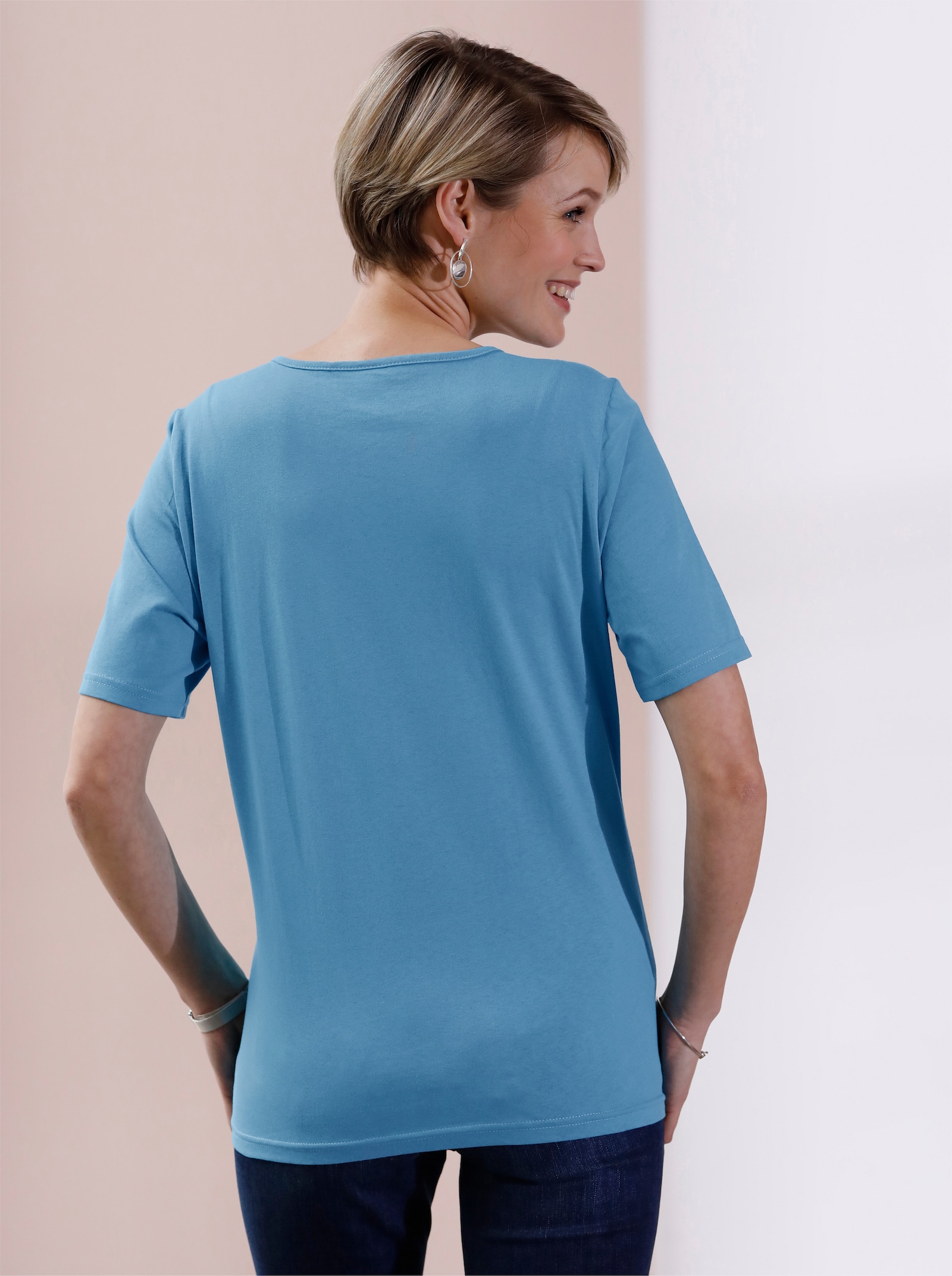 Kurzarmshirt mit Ziersteinchen - aqua