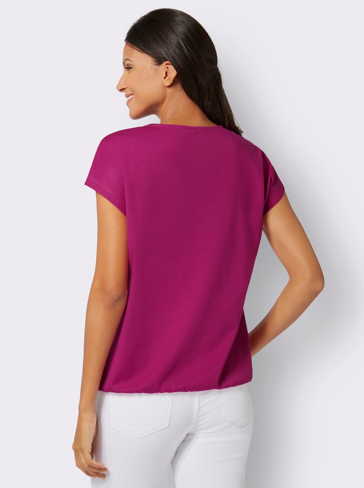 Rundhalsshirt - magenta-ecru-bedruckt