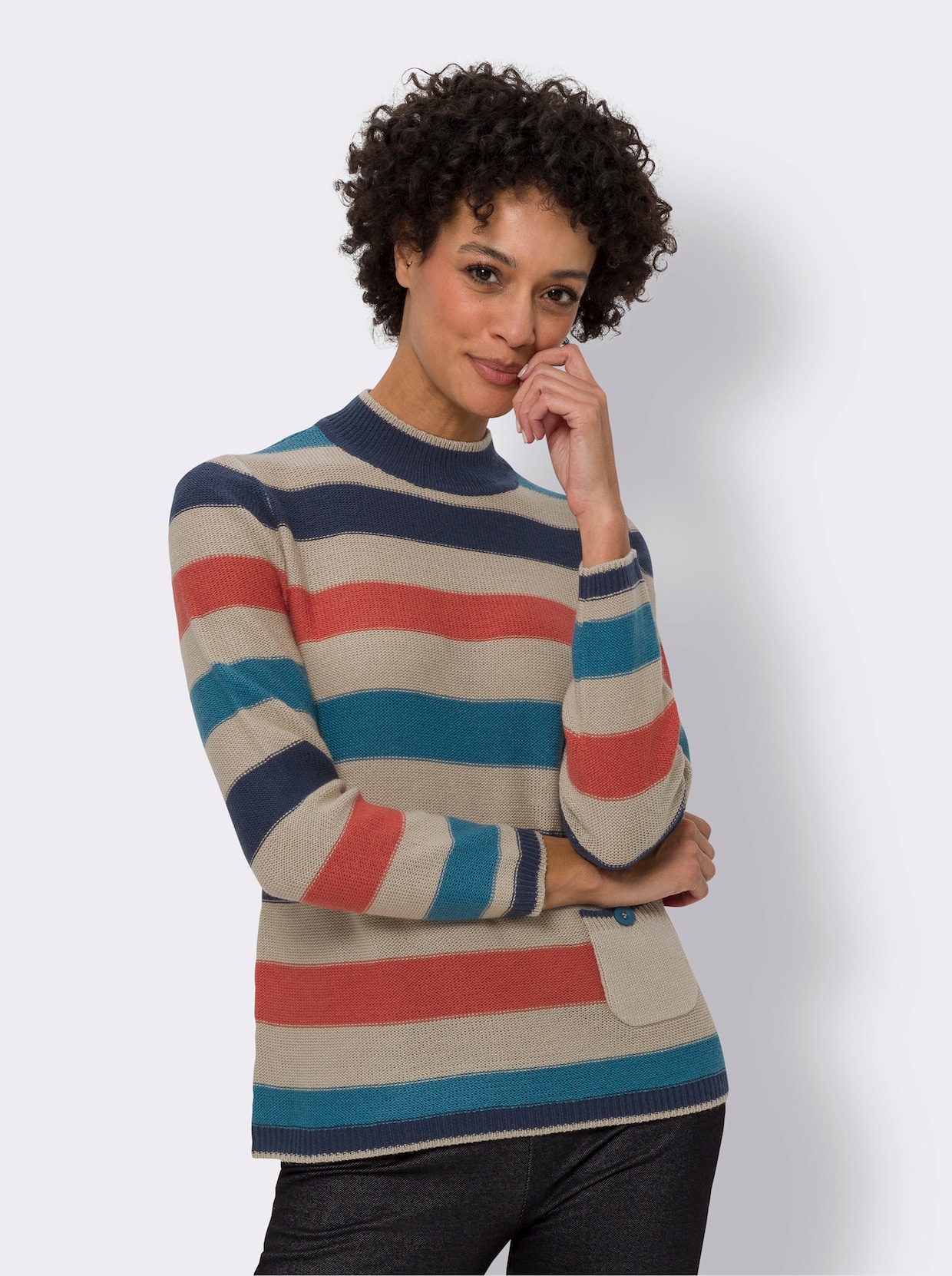 Stehkragenpullover - beige-dunkelblau-geringelt