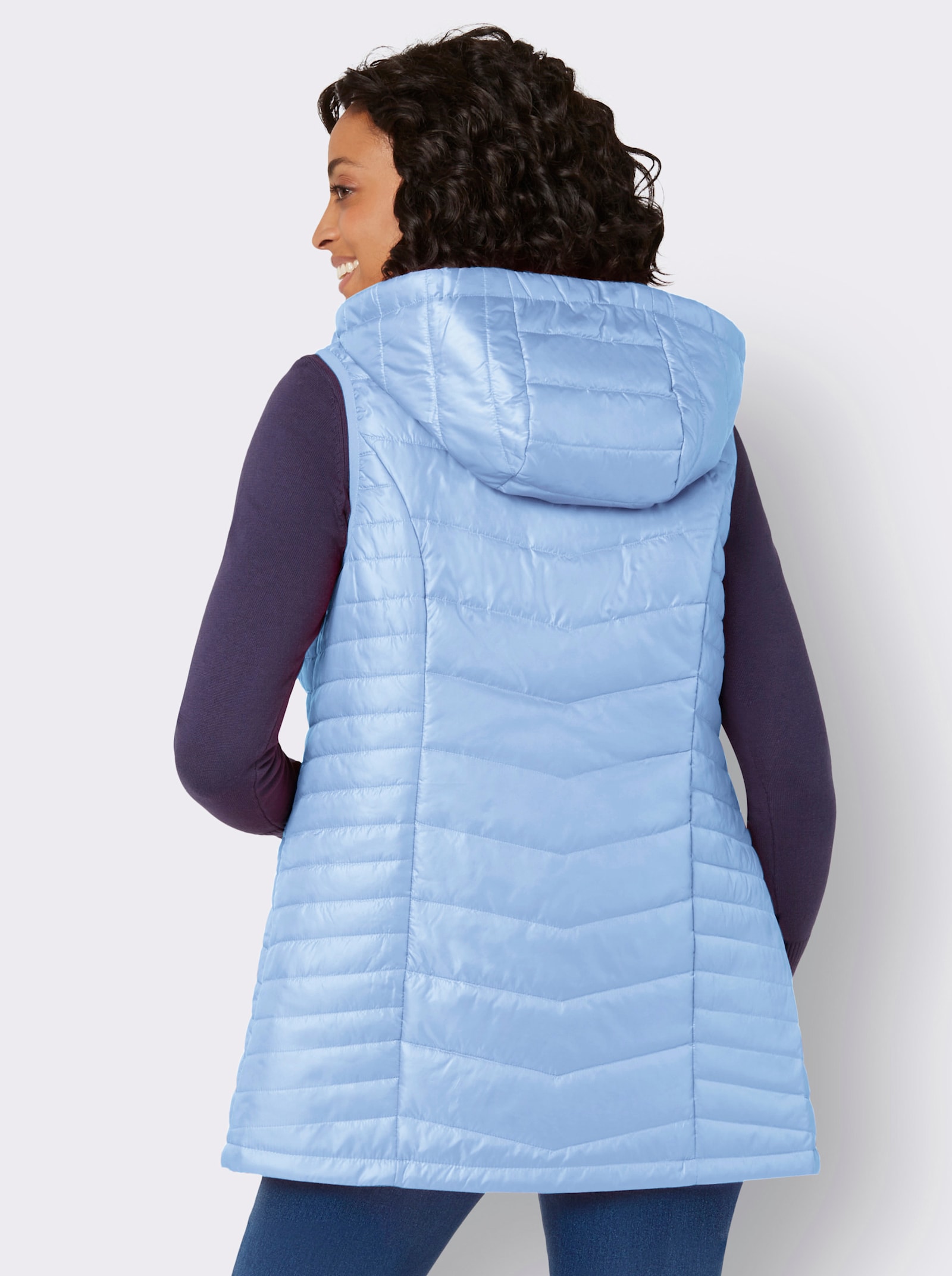 Lange bodywarmer met details van imitatieleer - ijsblauw