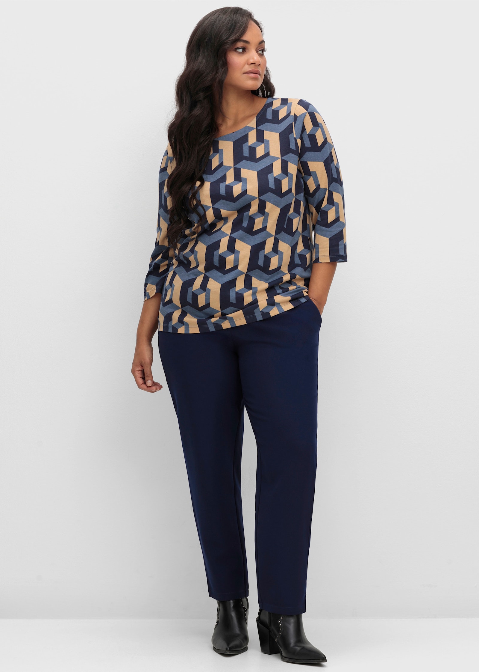 3/4-Arm-Shirt mit grafischem Print - marine-camel-bedruckt