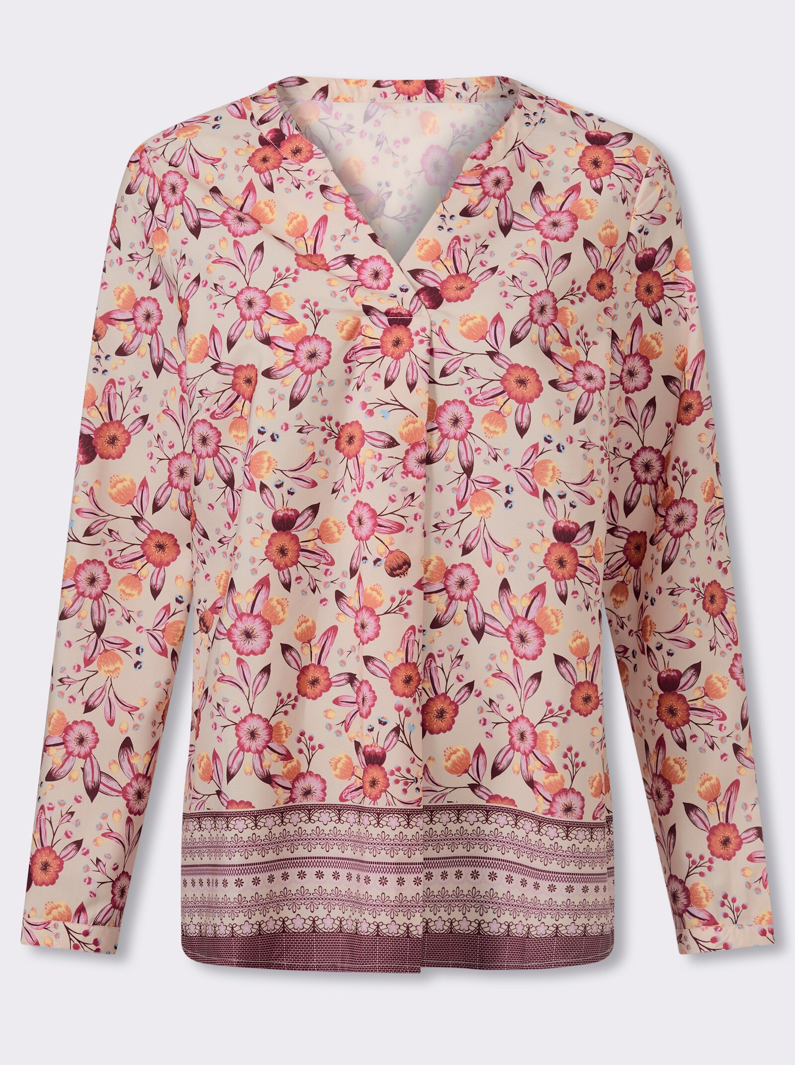 Tunika mit Blüten- und Bordürenprint - elfenbein-burgund-bedruckt