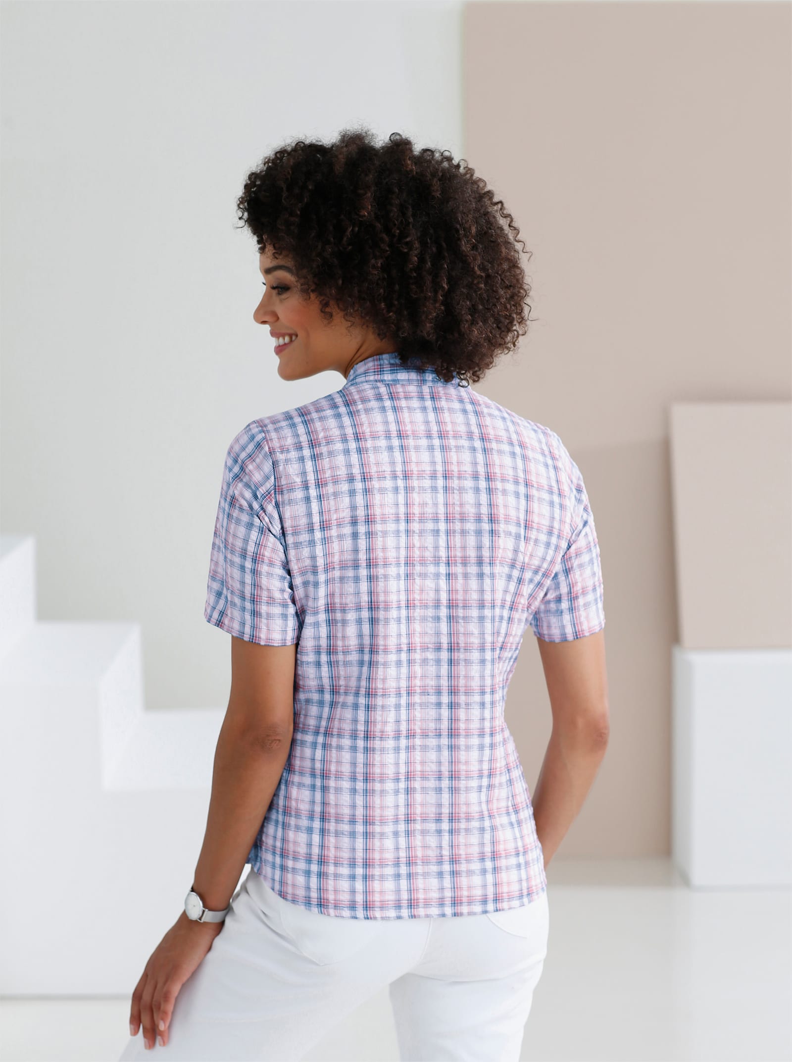 Katoenen blouse van seersucker - jeansblauw geruit