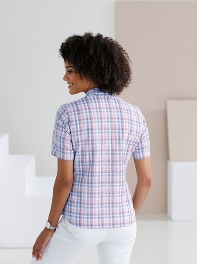 Baumwollbluse aus Seersucker - jeansblau-kariert