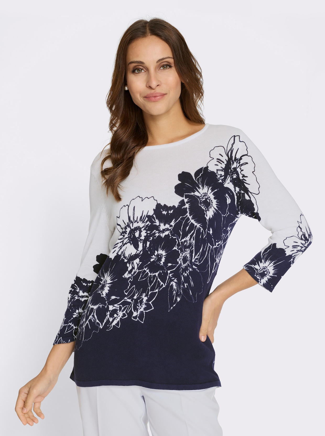 3/4 Arm-Pullover - weiß-marine-bedruckt