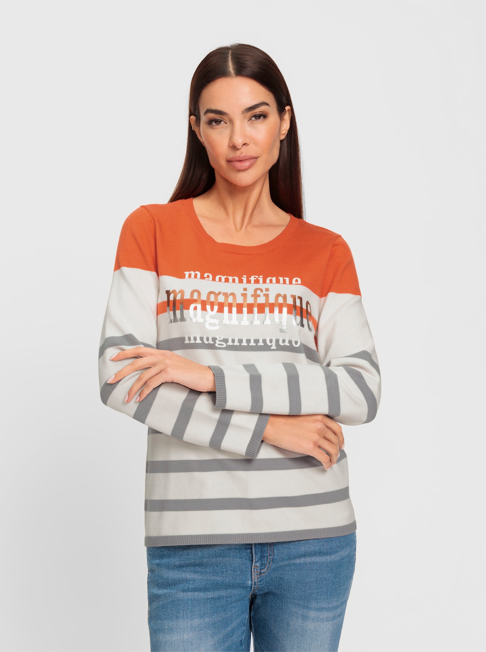 heine Jacquardpullover mit Schriftzug - orange-steingrau-gemustert