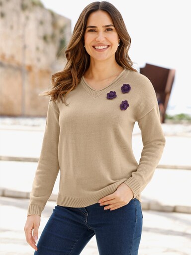 V-Ausschnitt-Pullover mit Blüten-Applikation - sand-traube