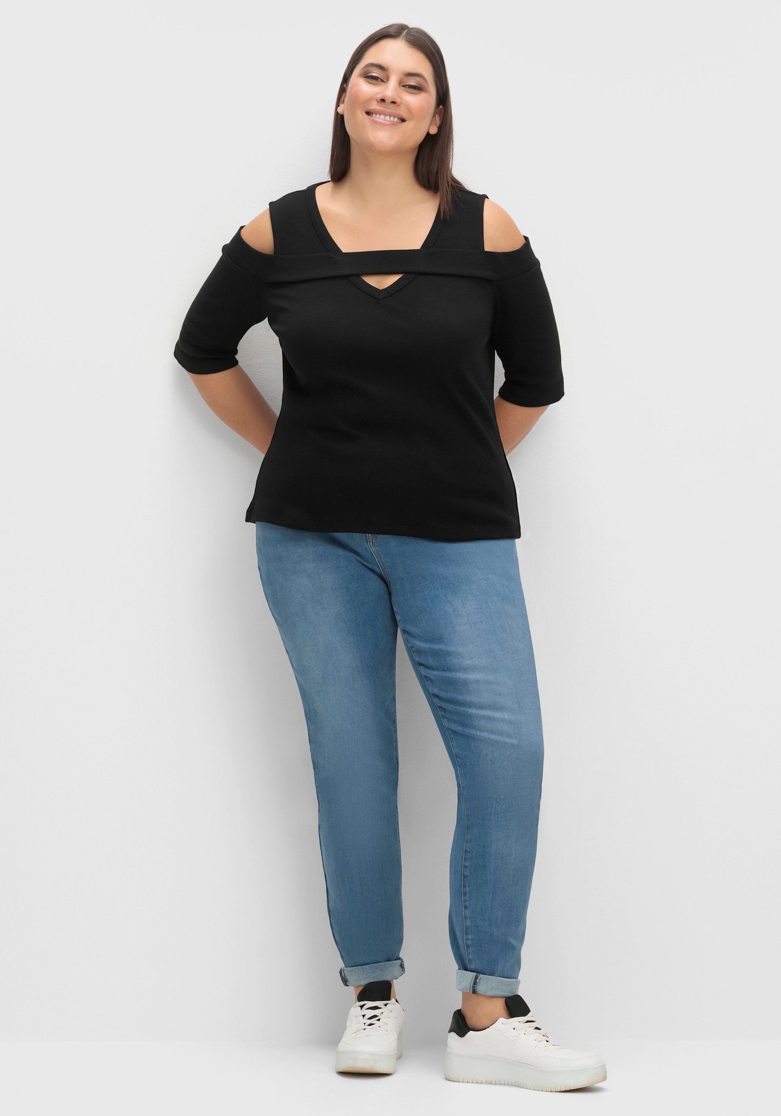 3/4-Arm-Shirt mit Cut-outs - schwarz